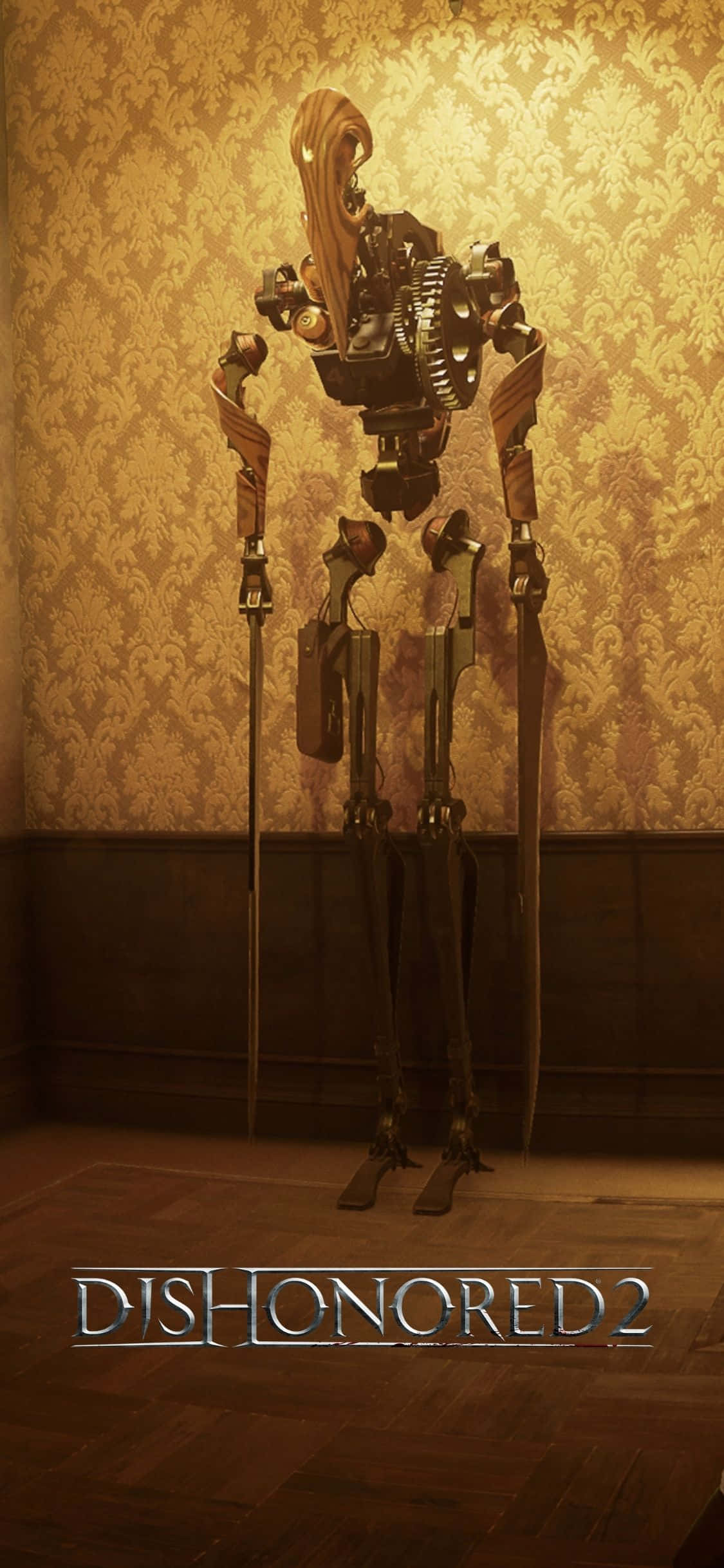 《Dishonored 2》機械士兵機器人壁紙 壁紙 — 一個高聳的蒸氣龐克自動機，帶有華麗的黃銅和齒輪，站在一個光線昏暗的房間裡，房間裡有金色錦緞壁紙和木地板。