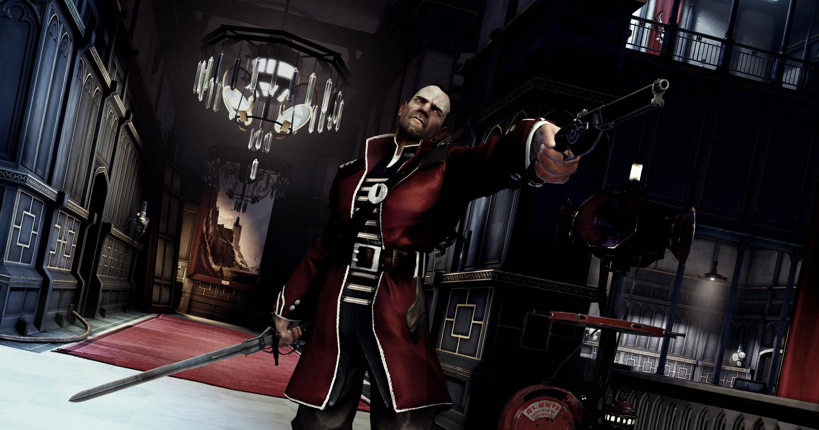 Dishonored 2 田納爾將軍 壁紙 — 一個光頭男人穿著紅色外套，在昏暗的哥德式豪宅中揮舞著劍和手槍，周圍有華麗的吊燈。
