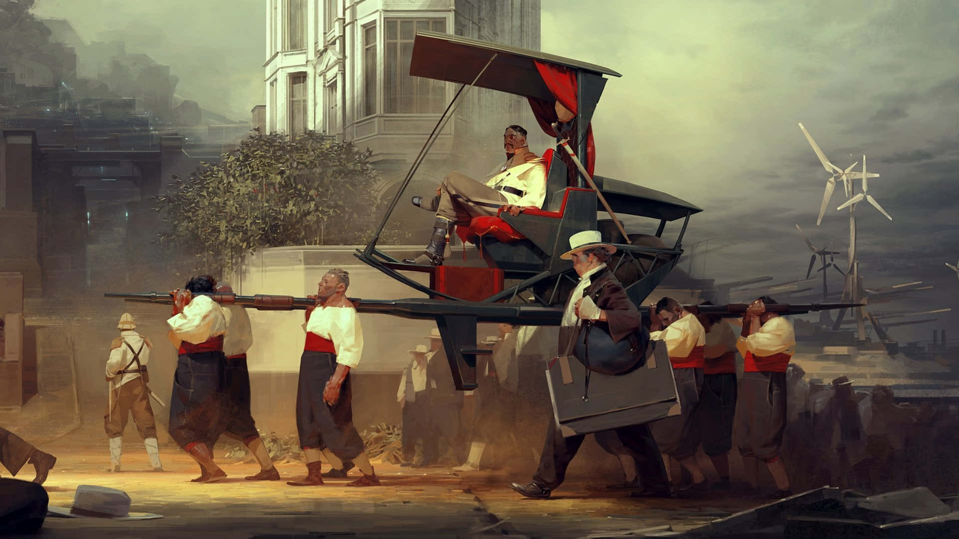 《Dishonored 2》中的神秘動作 壁紙 — 一名男子在紅色有篷馬車上休息，由轎夫抬著穿過塵土飛揚的城市街道，背景有風力渦輪機。