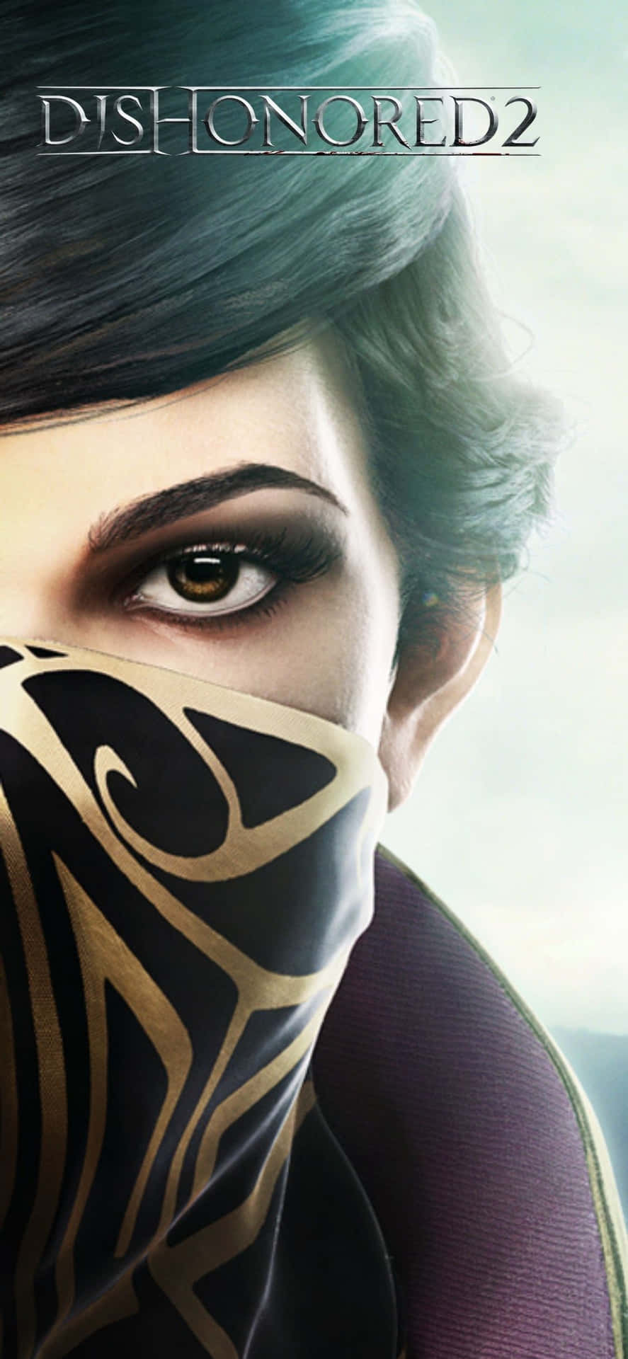 《Dishonored 2》中戴面具角色的特寫，帶有強烈的眼神。