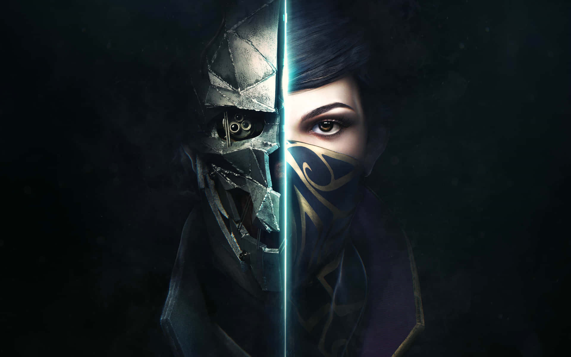 《Dishonored 2》最佳背景：科沃與艾米莉海報 壁紙 — 一個戴面具的戰士和一個戴面具的女人在黑暗背景中被發光的劍照亮的臉部分割肖像。