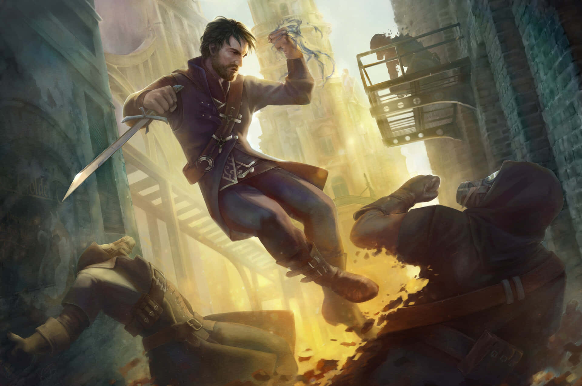 《Dishonored 2》最佳背景：科沃·阿坦諾戰鬥敵人 壁紙 — 一個鬍鬚戰士跳過陽光普照的石頭城市小巷，用劍和匕首砍殺敵人。