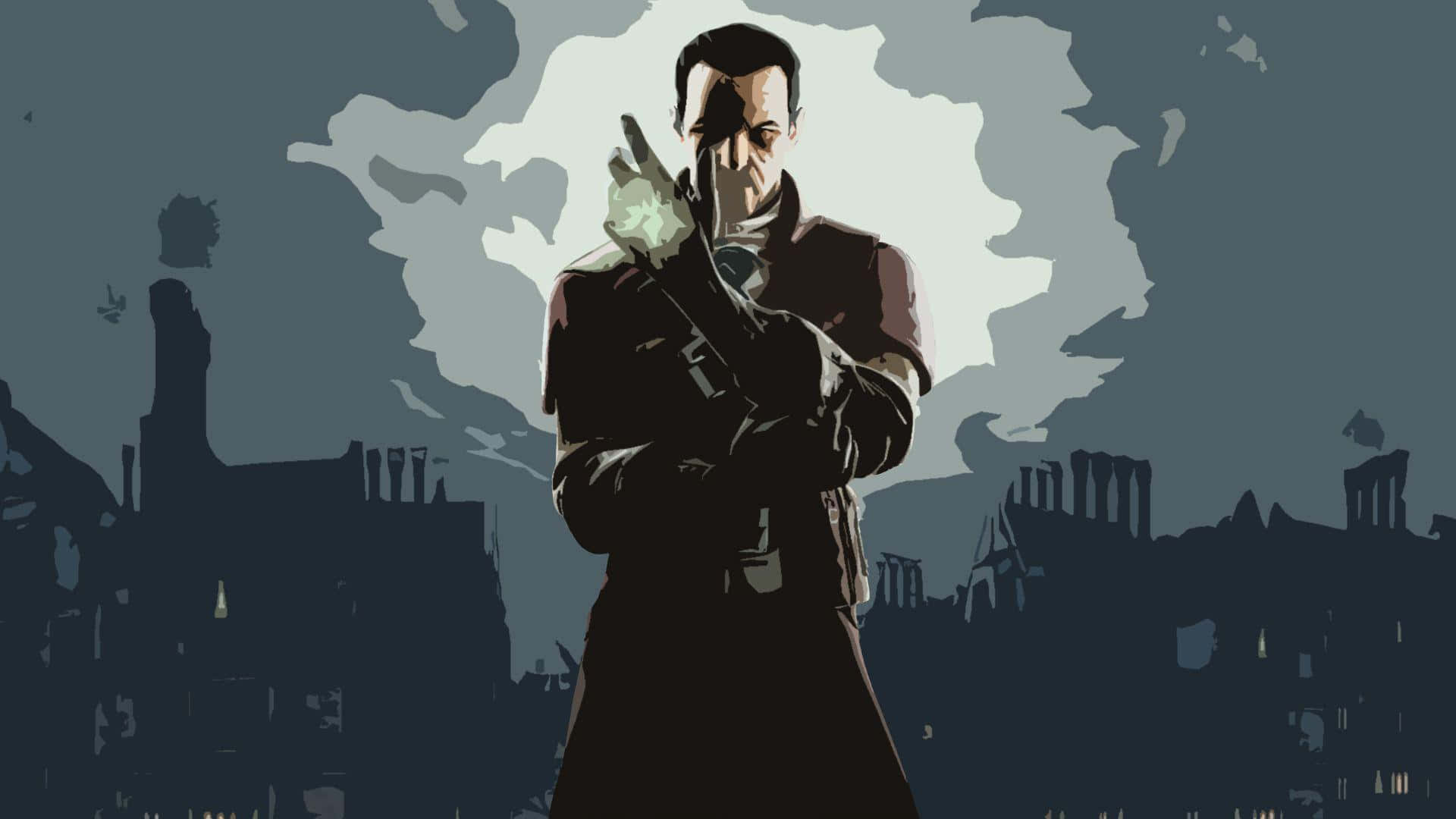 《Dishonored 2》最佳背景：達德向量藝術圖 壁紙 — 一個穿著乾濕褸的時尚男子，在黃昏時分煙霧瀰漫的城市天際線前，手持一個發光物體。