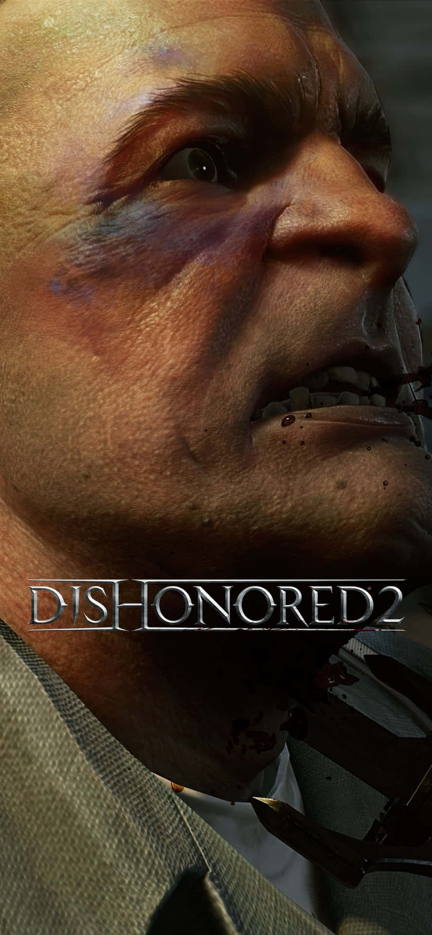 一個黑暗遊戲場景中嘅血淋淋男人面孔，帶有 'Dishonored 2' 文字。