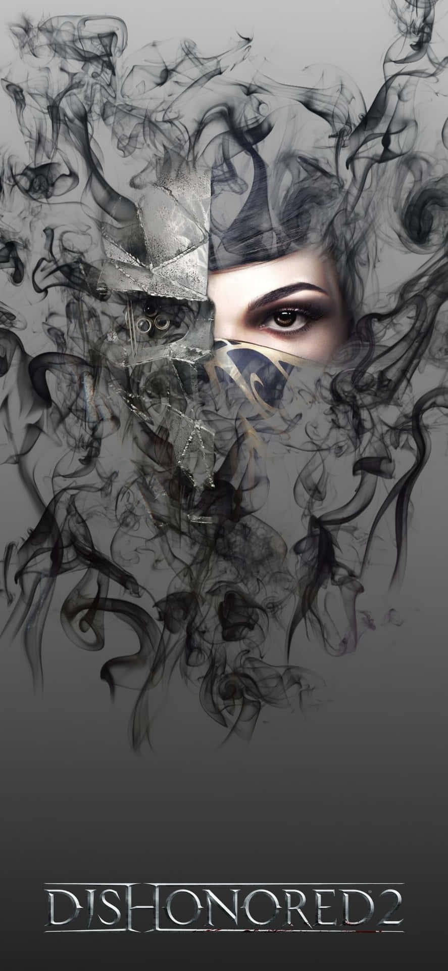 一隻女人的眼睛從煙霧和破碎的玻璃中浮現，在黑暗的遊戲主題背景中。