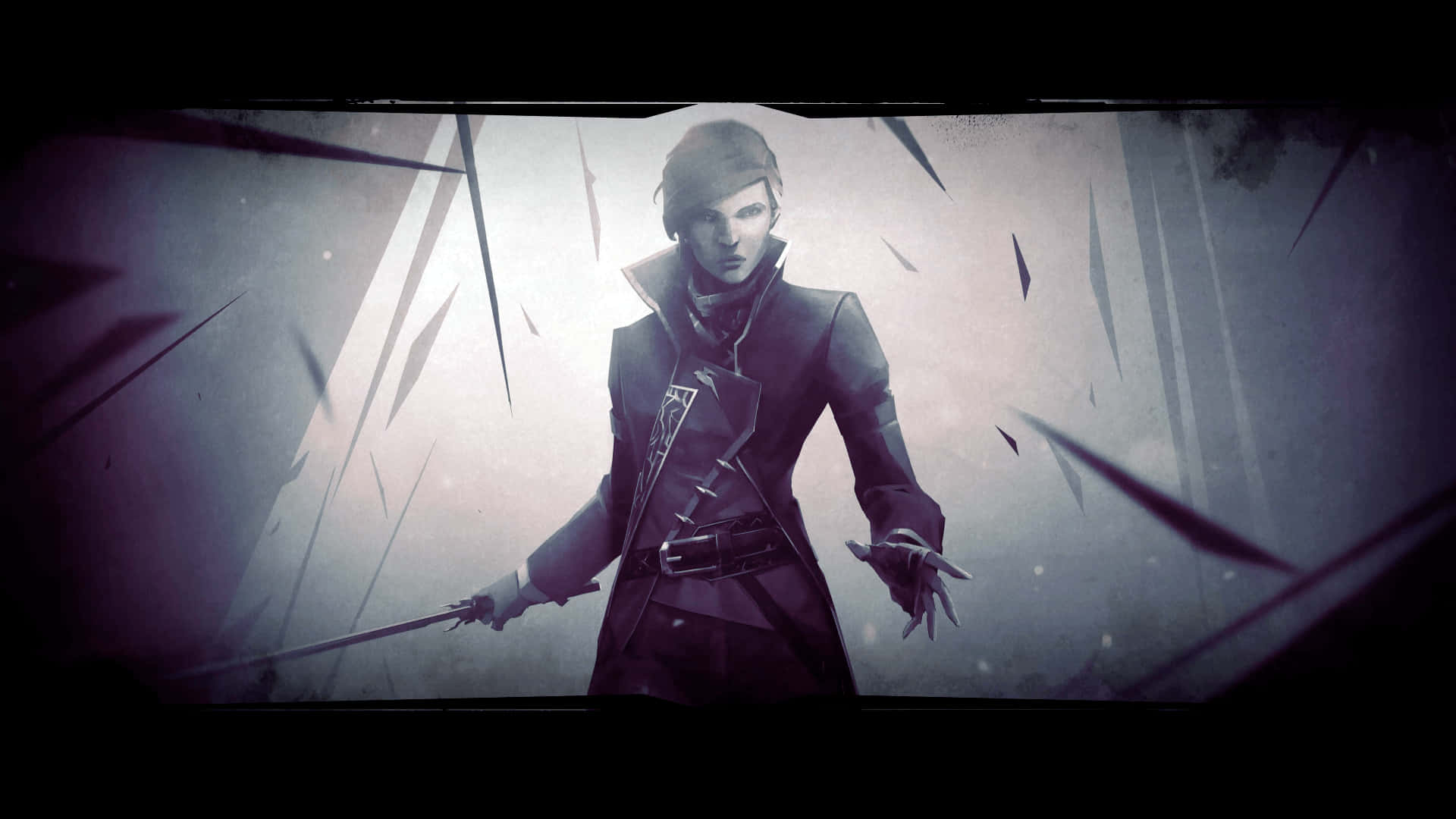 《Dishonored 2》遊戲震撼背景 壁紙 — 一位身穿深色服裝的戰士，手持劍和帶爪手套，在破碎玻璃背景前挑釁地站立，營造出陰鬱的數碼插畫風格。