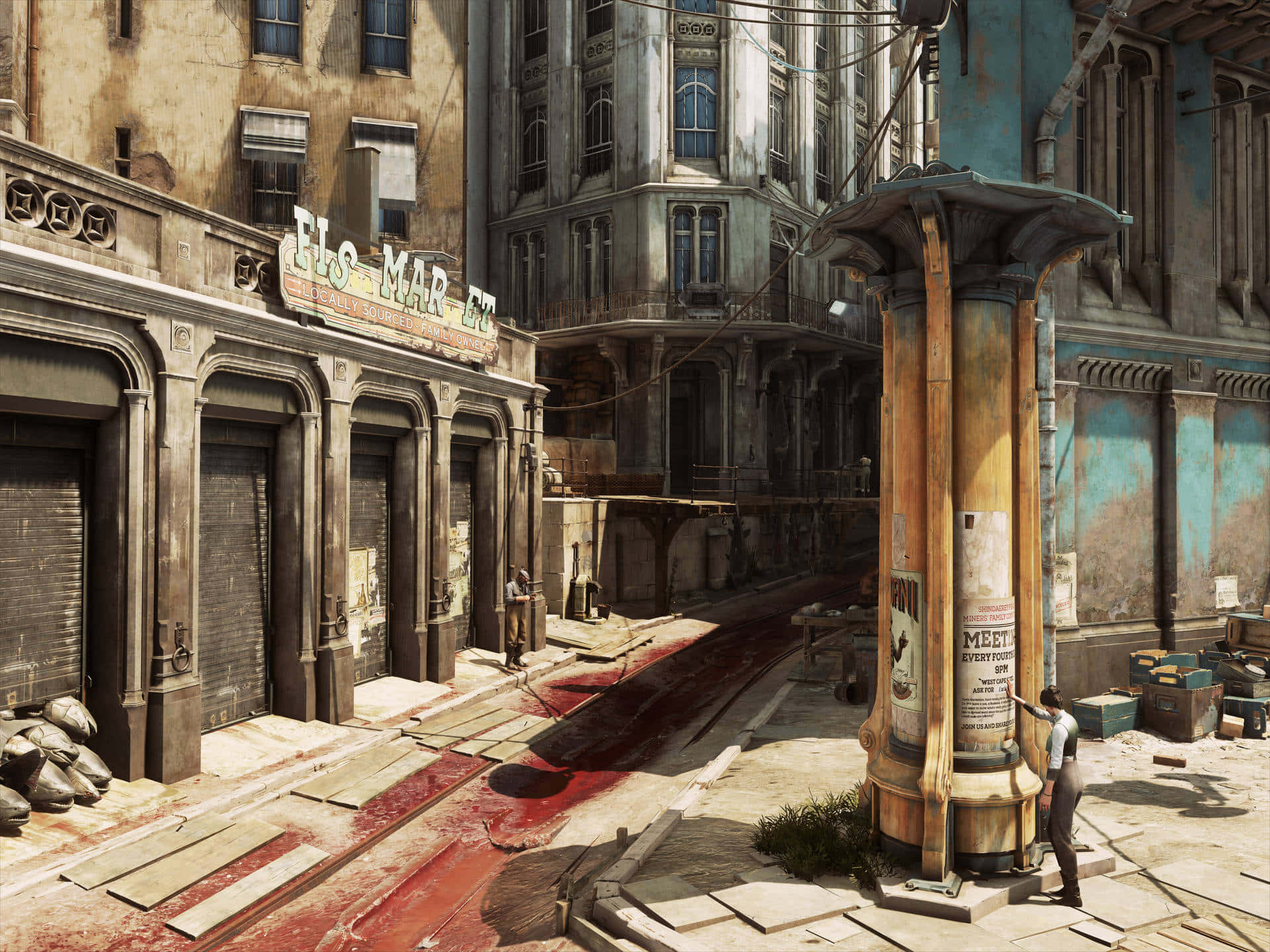 《Dishonored 2》高品質動作場景壁紙 壁紙 — 一條陽光普照、破敗的城市小巷，裂開的路面上有血紅色的污漬，一個孤獨的身影靠近一根風化的柱子。