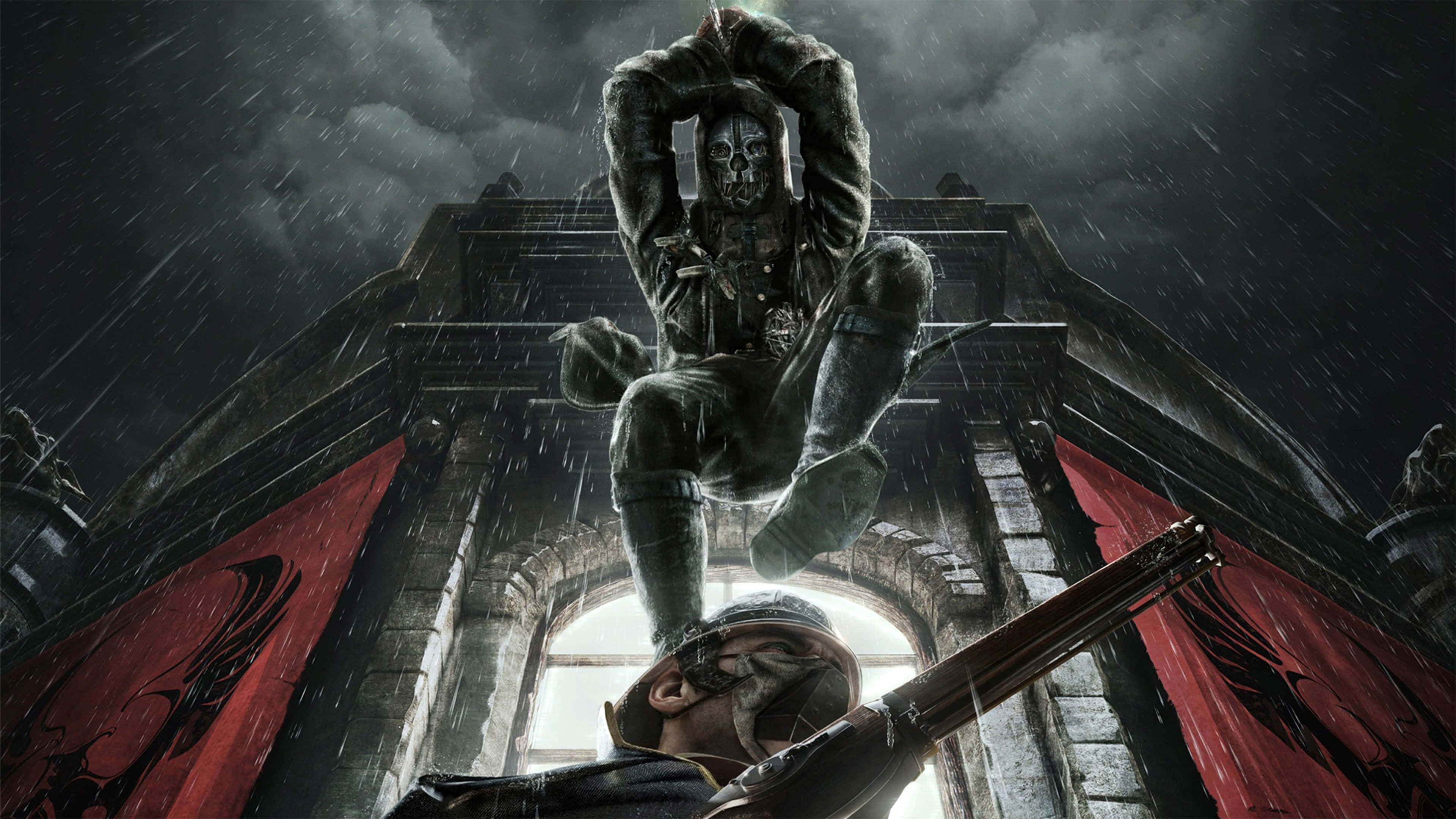 Dishonored 4K — 科沃面具 壁紙 — 一名戴頭盔的士兵在暴風雨中將步槍向上瞄準一個在石拱門上若隱若現的巨型骷髏戰士。