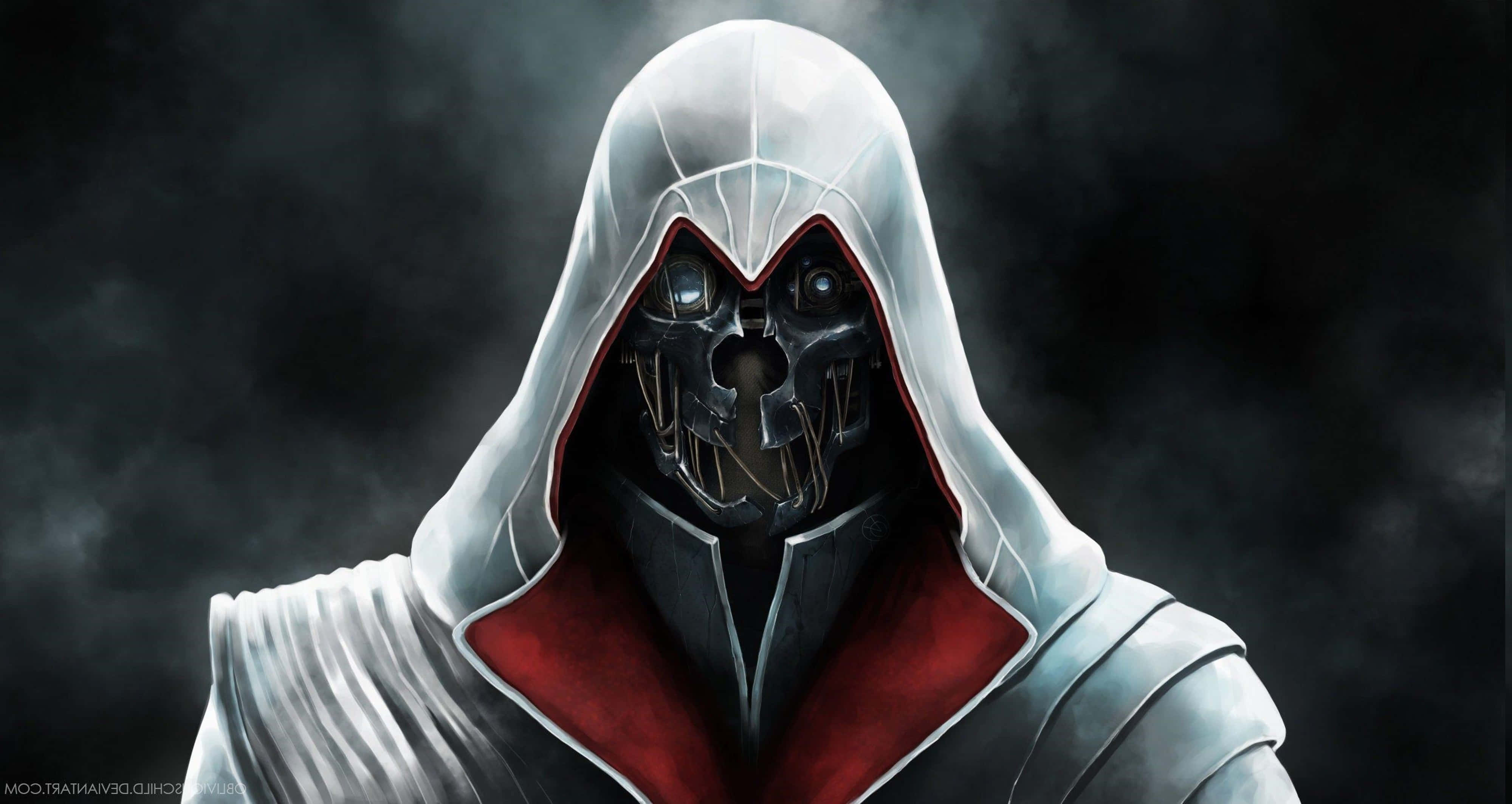《Dishonored》4K白連帽衫 壁紙 — 一個戴著頭骨面具、身穿紅色內襯白色長袍的威脅性兜帽人物，站在黑暗煙霧繚繞的背景前。