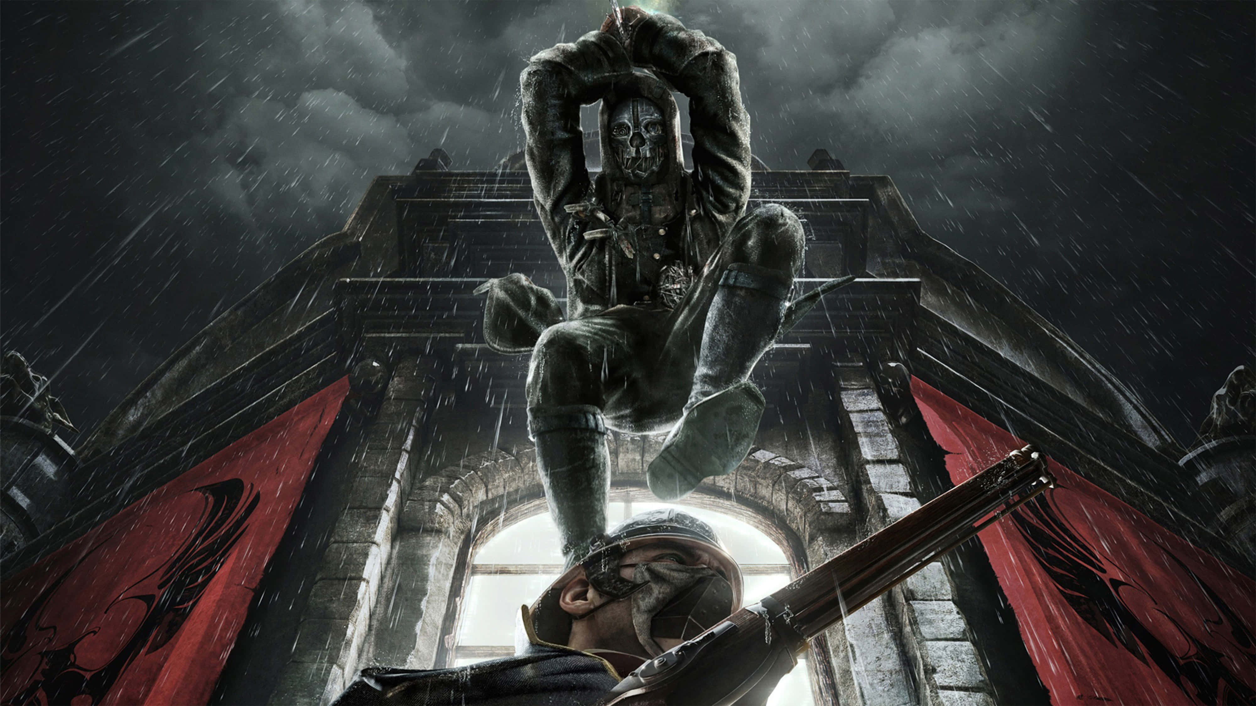 《Dishonored》中的科沃·阿塔諾 4K 壁紙 — 一名戴著骷髏面具的士兵從石拱門躍下，雨水傾盆而下，灑落在戲劇性的戰場場景上。