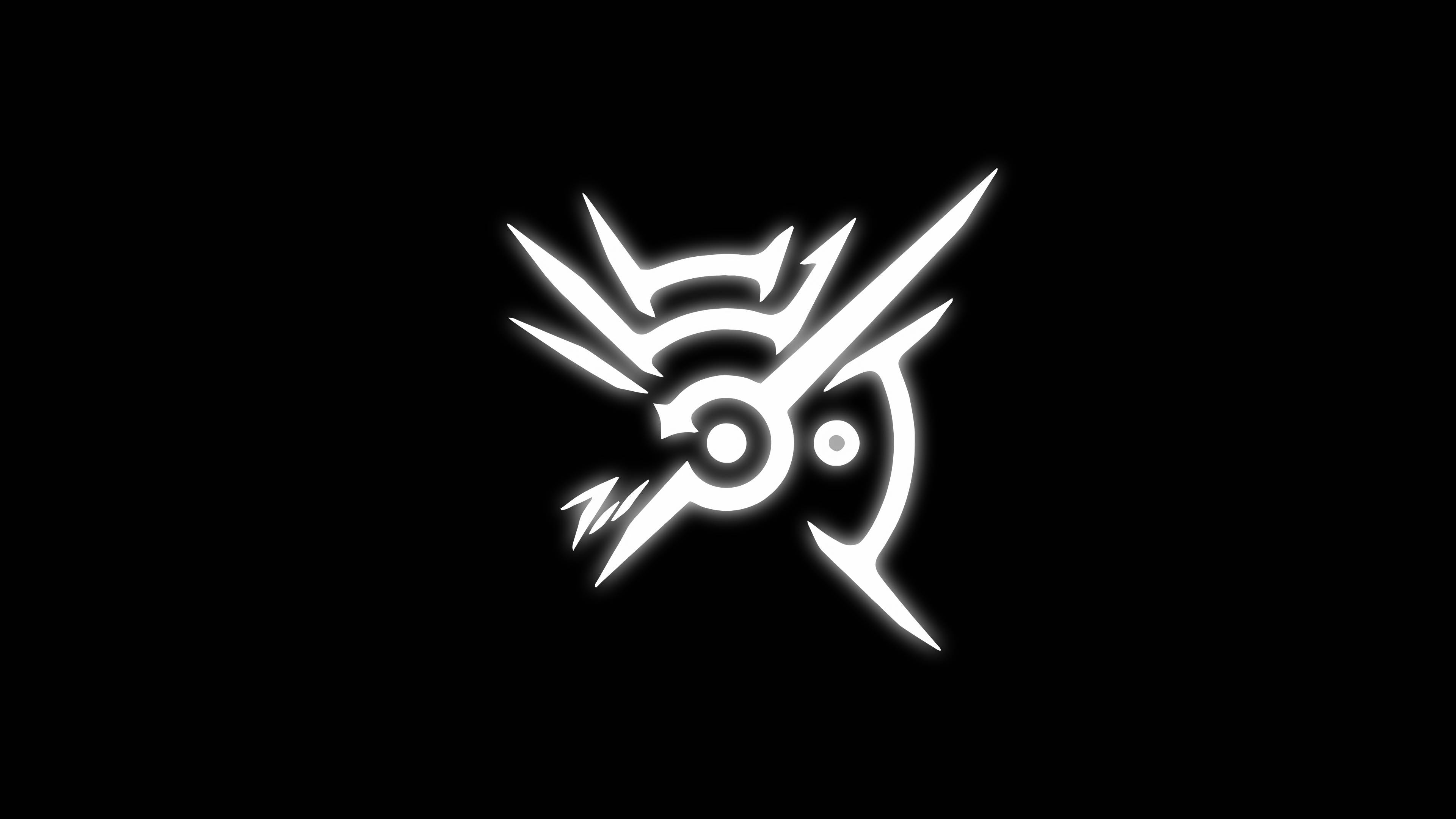 《Dishonored》外神白色標記 壁紙 — 一個發光的白色風格化鳥類標誌，帶有尖銳的角狀翅膀和類似眼睛的細節，背景為純黑色。