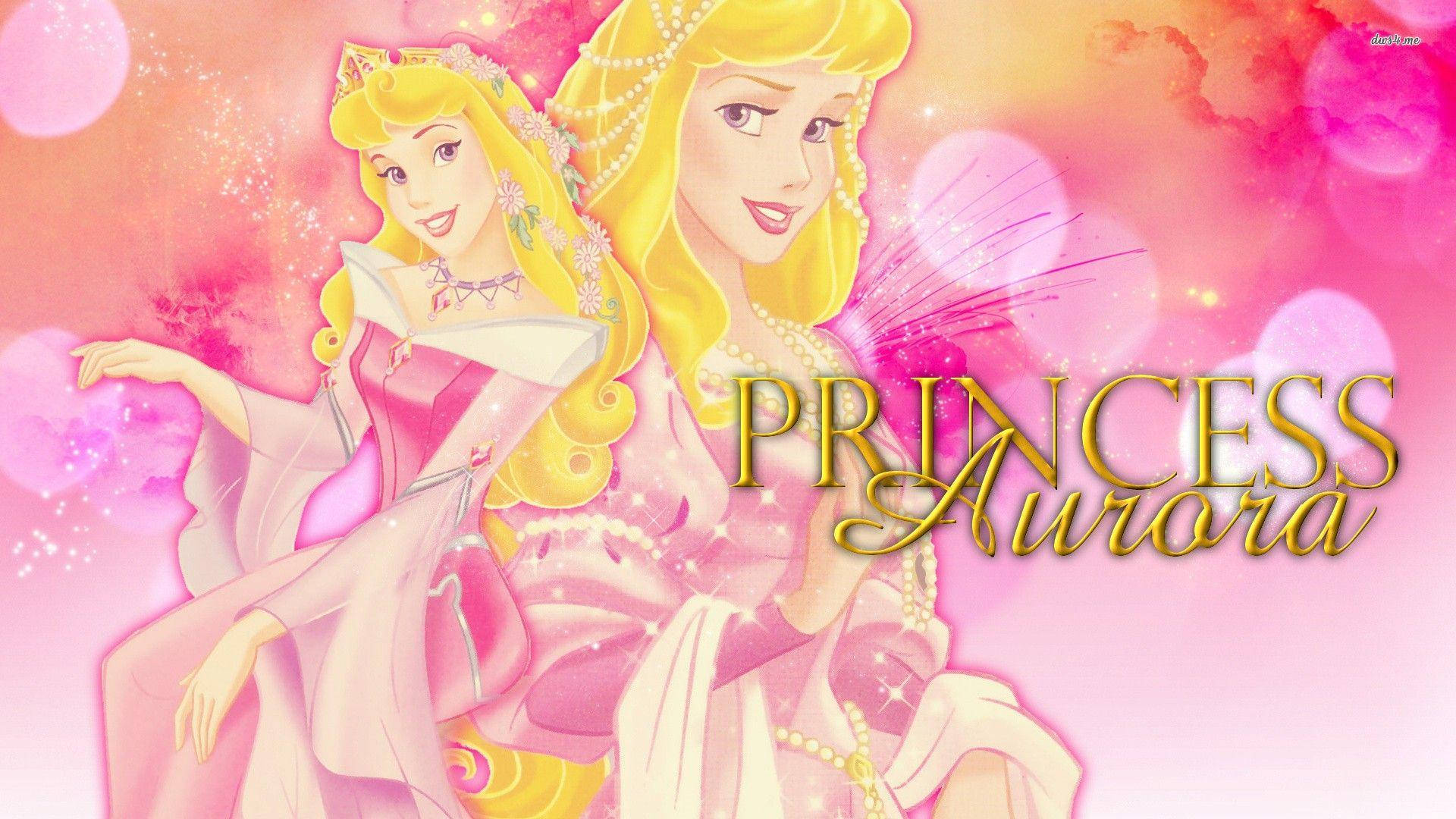 Disney Princess 桌布 壁紙 — 兩位身穿粉紅色禮服的公主在夢幻的粉紅色和金色閃爍背景上漂浮，伴隨著發光的球體。