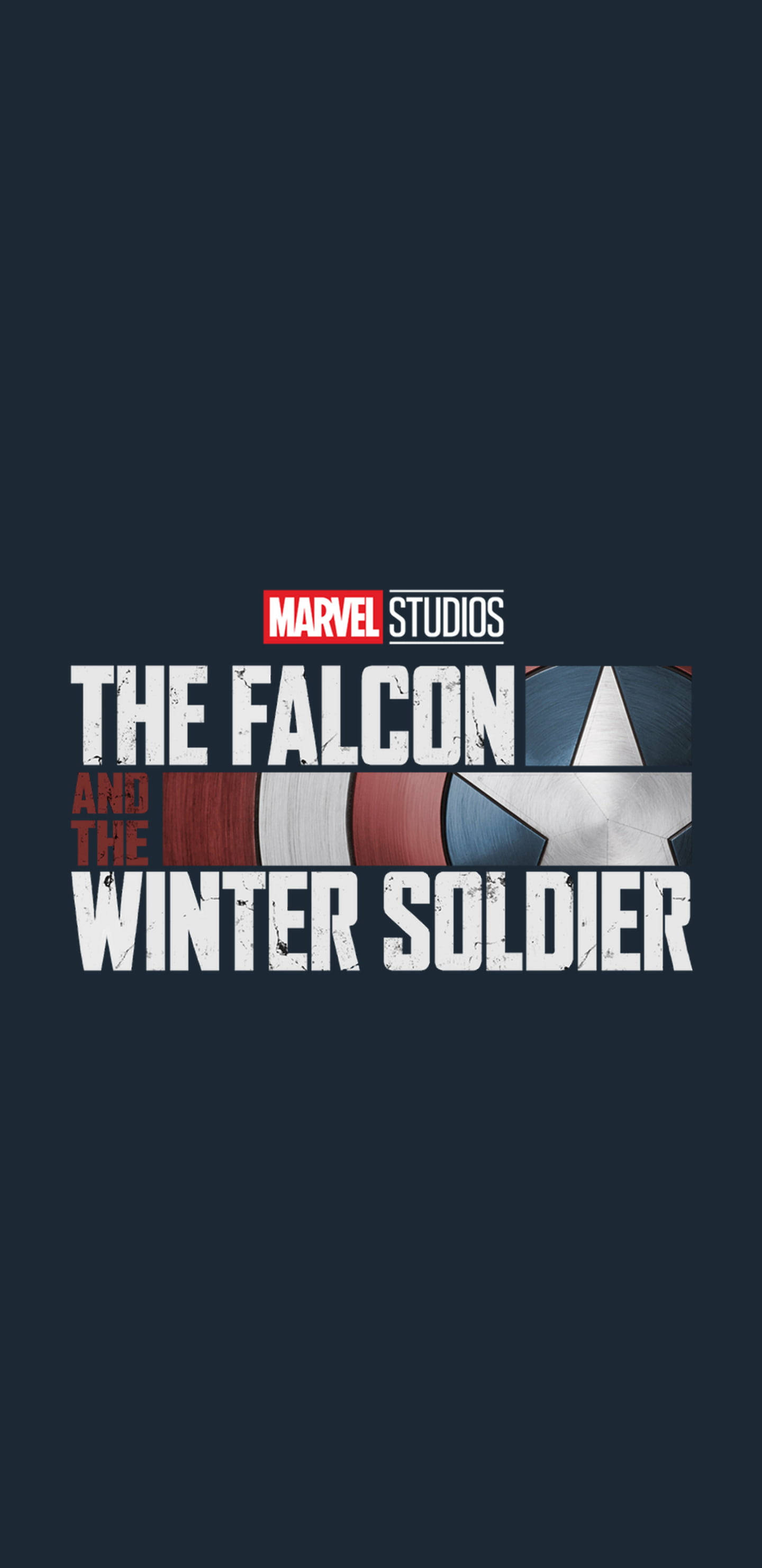 Disney Plus 鷹與冬兵 壁紙 — Marvel Studios 標誌，以粗體白色文字顯示「The Falcon and The Winter Soldier」，背景為深海軍藍色。