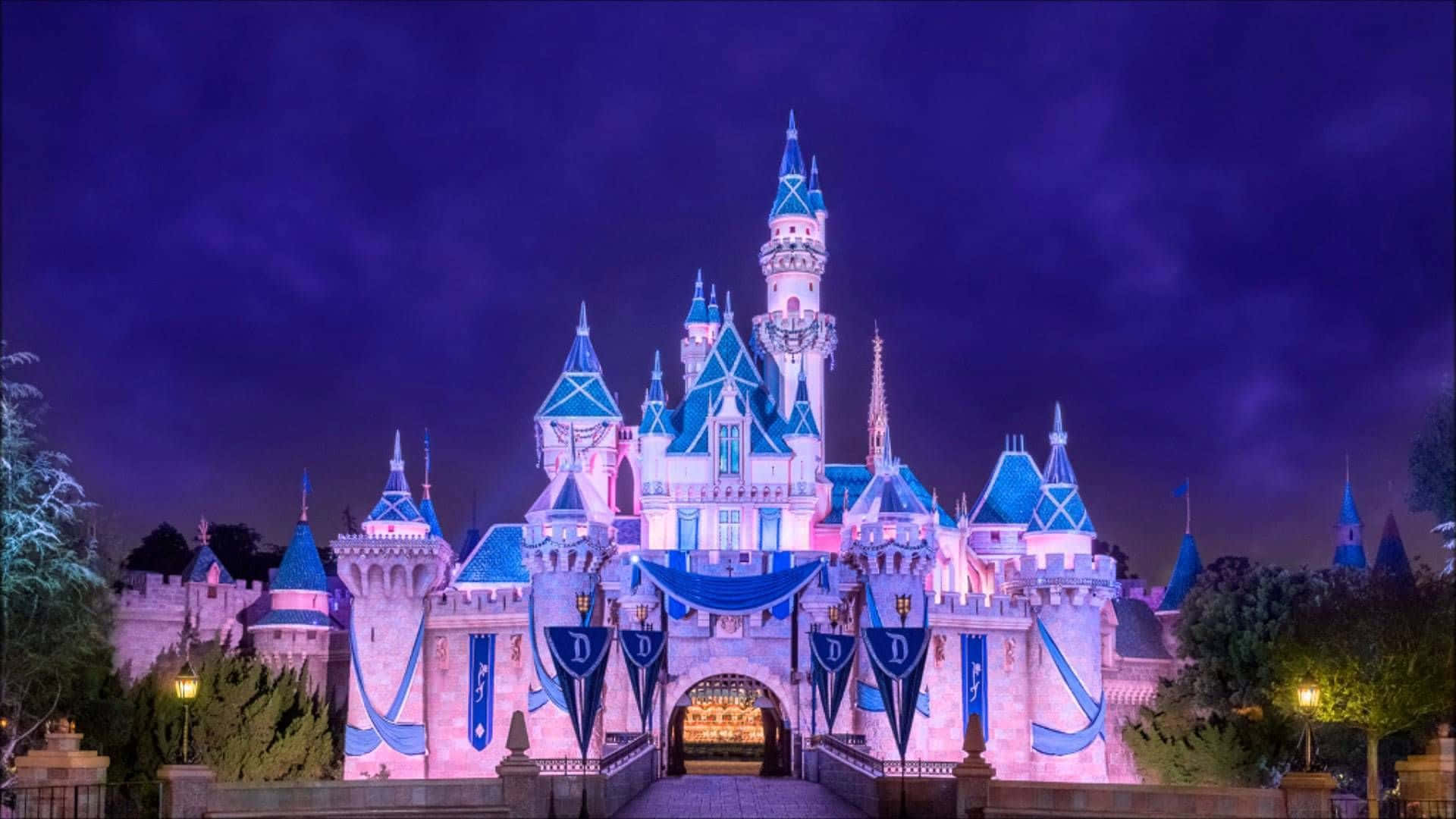 薰衣草色灰姑娘城堡 Disney Zoom 背景 壁紙 — 一座宏偉的迪士尼城堡在深紫色夜空中被粉紅色和藍色燈光照亮。