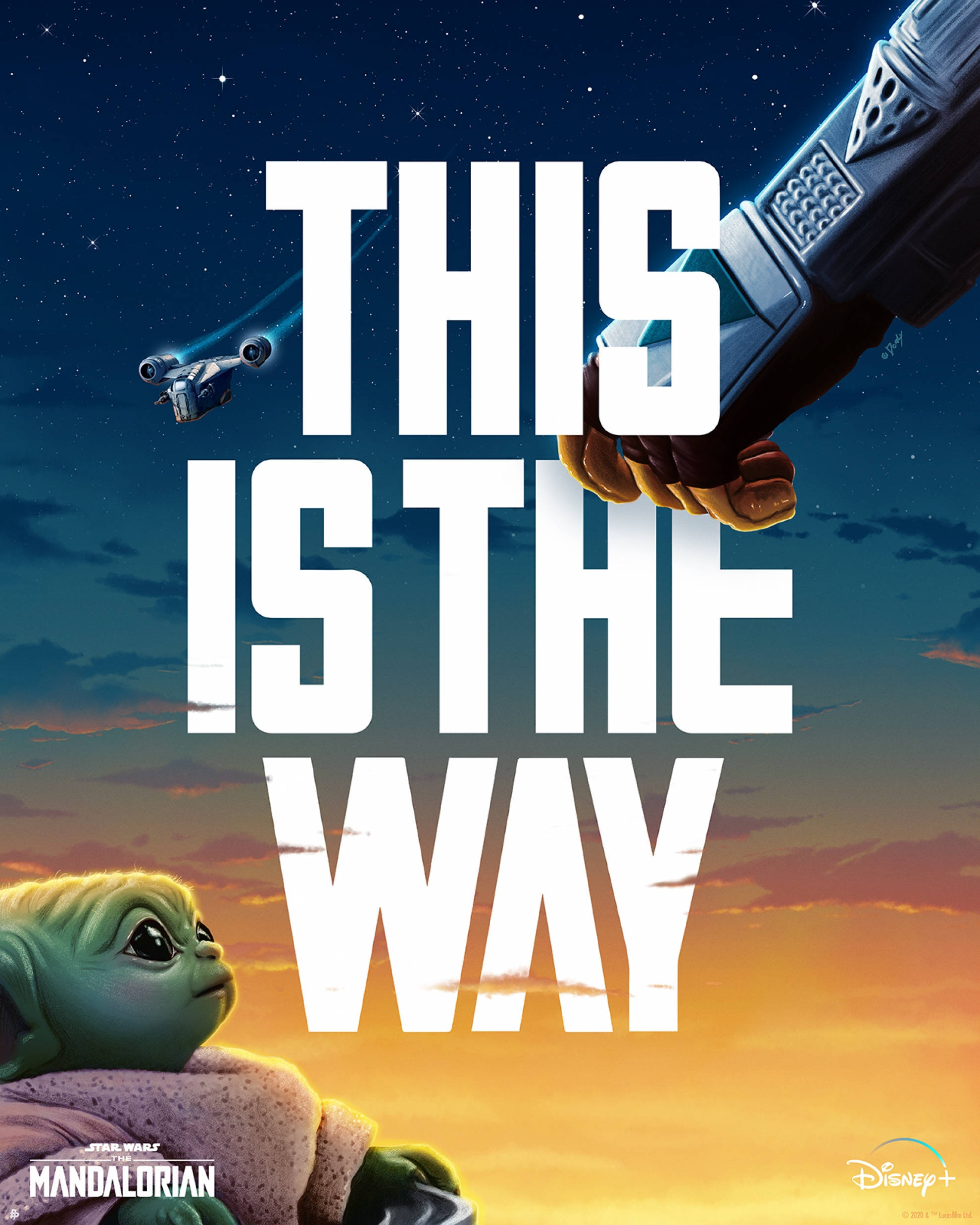 Disney+《曼達洛人》海報：This Is The Way 壁紙 — 一個綠色嘅BB外星人抬頭望向一隻揸住爆能槍嘅巨型手，背景係日落天空，有一架太空船飛過。