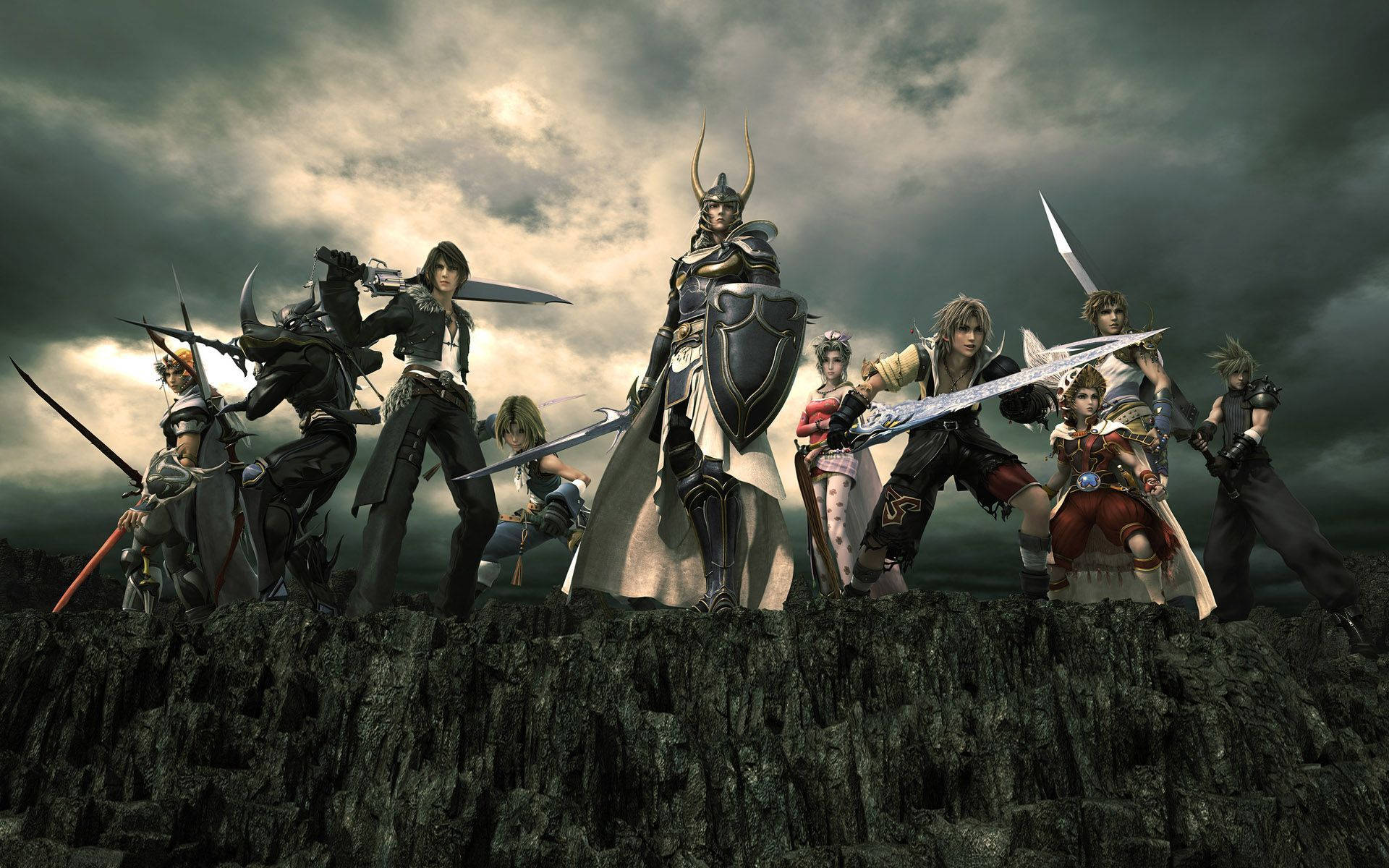 酷炫遊戲 Dissidia Final Fantasy 壁紙 — 一群身穿精細盔甲的奇幻戰士，在暴風雨的天空下，站在崎嶇的懸崖上，光線戲劇性十足。