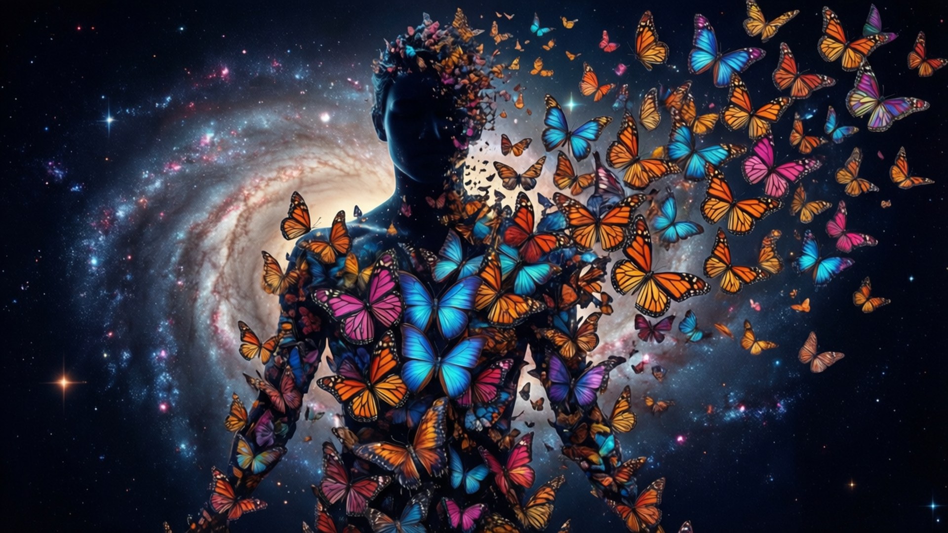 人形在宇宙星系中轉化為蝴蝶。