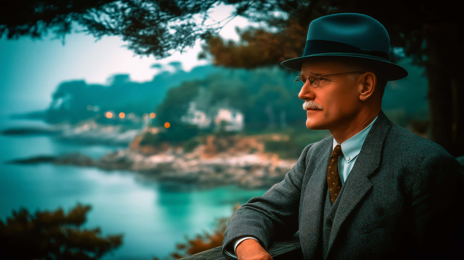 Distinguished Gentleman Overlooking a Misty Coastal Landscape 壁紙 — 一個戴著軟呢帽、穿著西裝的男人若有所思地凝視著一個霧氣瀰漫、閃爍著遠處燈光的沿海小鎮。