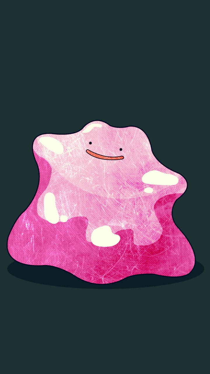Ditto 水母造型 壁紙 — 一個帶有白色斑點和笑臉的快樂粉紅色團塊，在黑暗背景上柔和地發光。