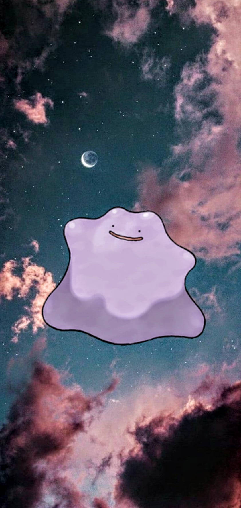 一個微笑的紫色幽靈在繁星點點的夜空裡，伴隨著粉紅色的雲朵和一彎新月漂浮著。