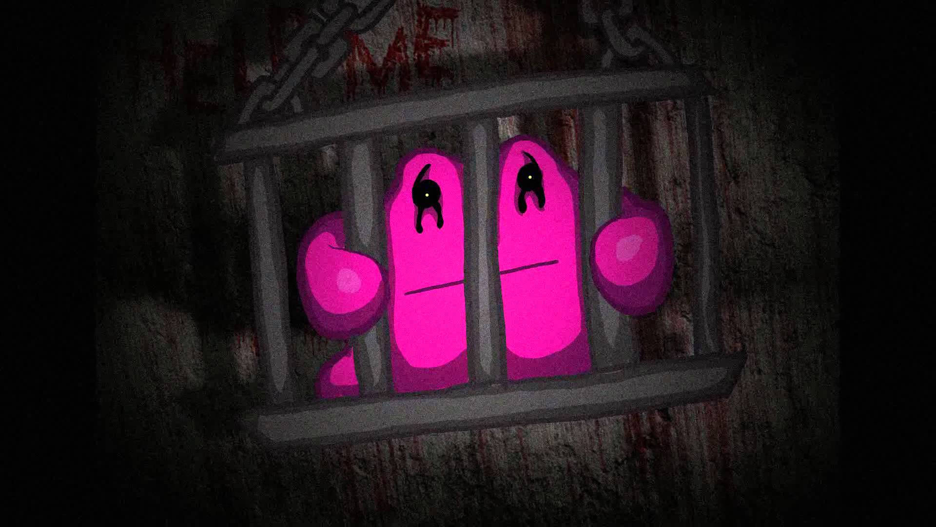 Ditto 黑暗監獄 壁紙 — 兩個發光的粉紅色卡通鬼魂透過生鏽的籠子欄杆窺視，上面用血紅色的字母塗鴉著「救命」。