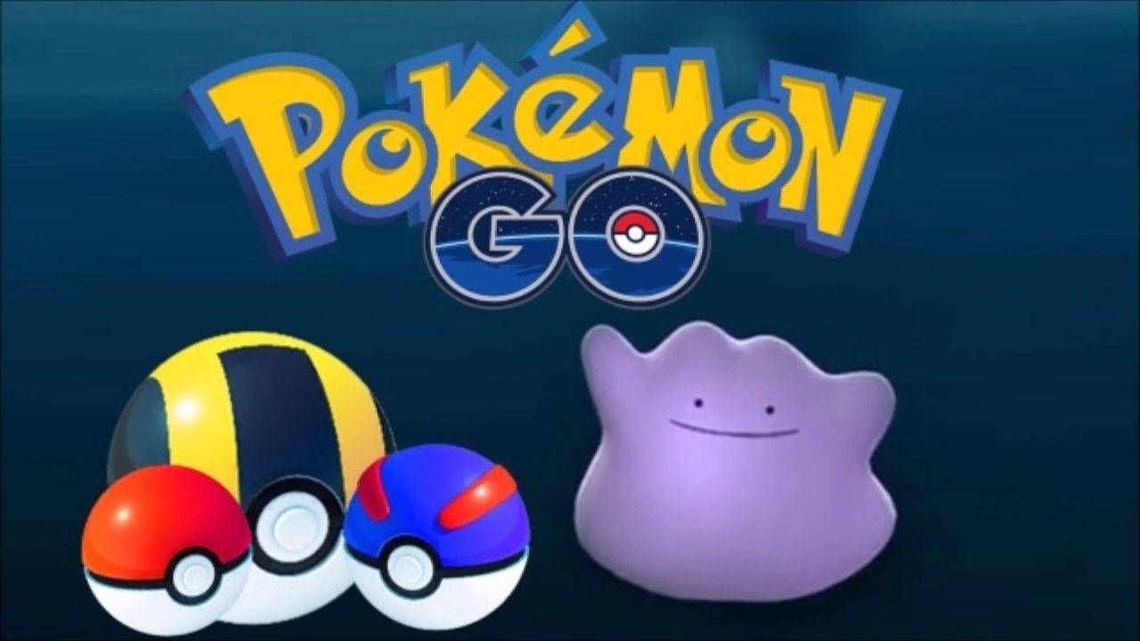Ditto與寶可夢球 壁紙 — Pokémon GO 標誌，包含三個精靈球和一個紫色的鬼斯，背景為深藍色漸變。