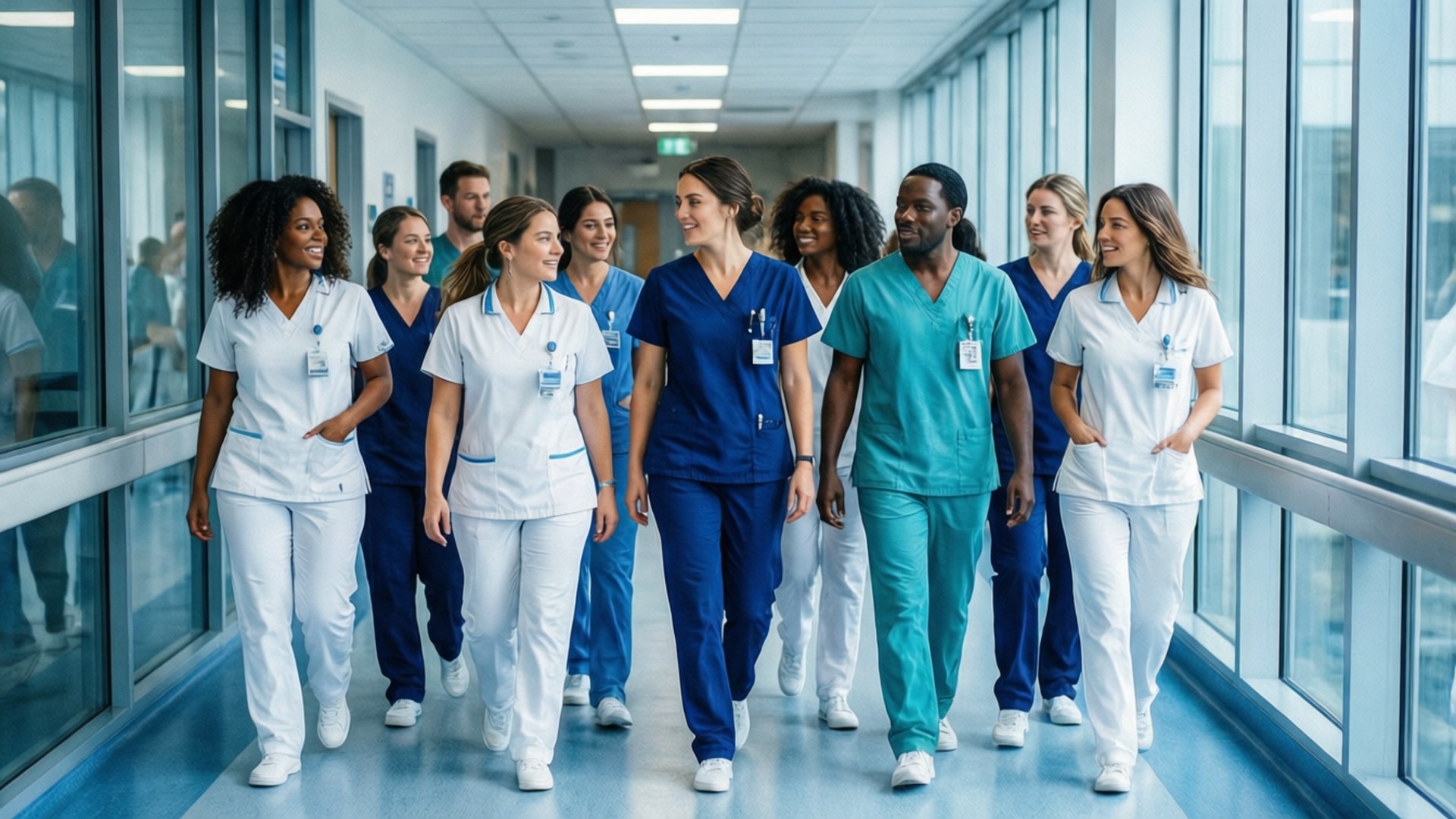 Nurse Day 桌布 壁紙 — 一群多元化的微笑醫護人員穿著手術衣，自信地走在明亮現代的醫院走廊上。