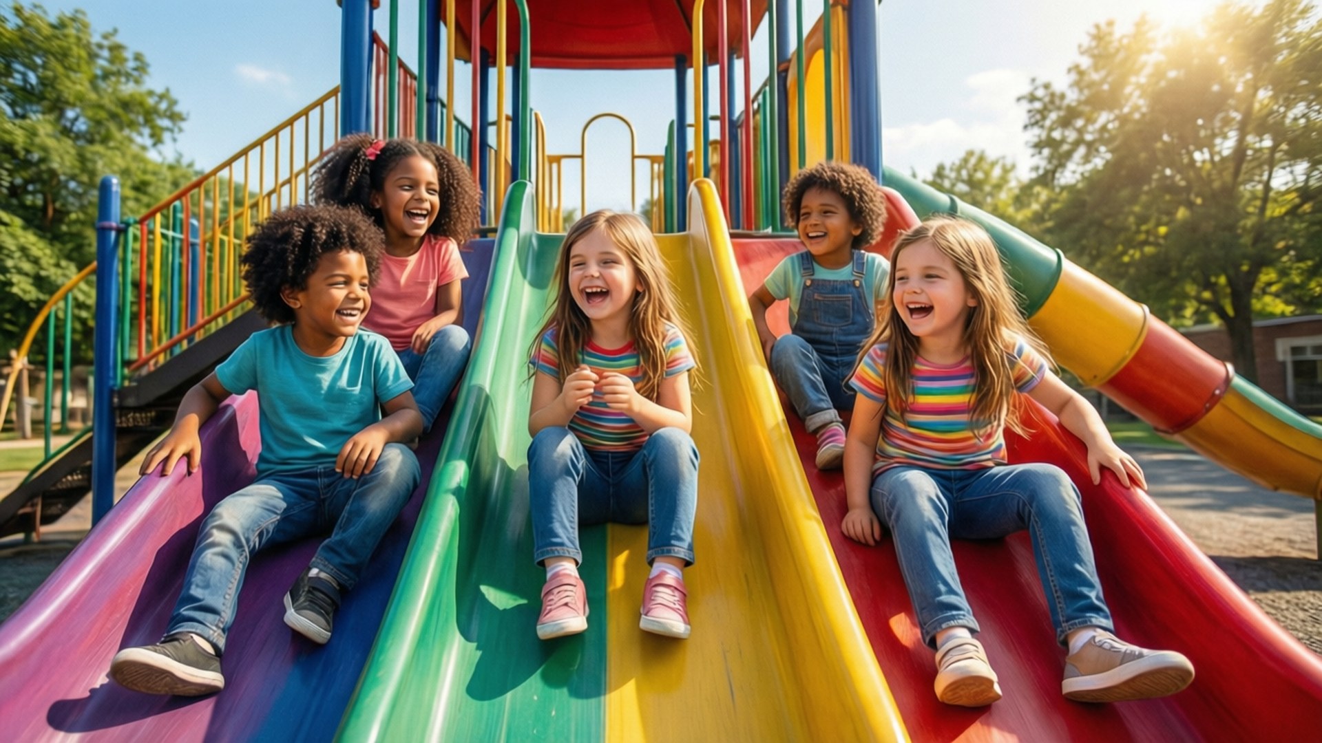 Diverse Kids on Playground 壁紙 — 五個快樂的孩子在晴朗的天空下笑著從色彩繽紛的彩虹滑梯上滑下來。