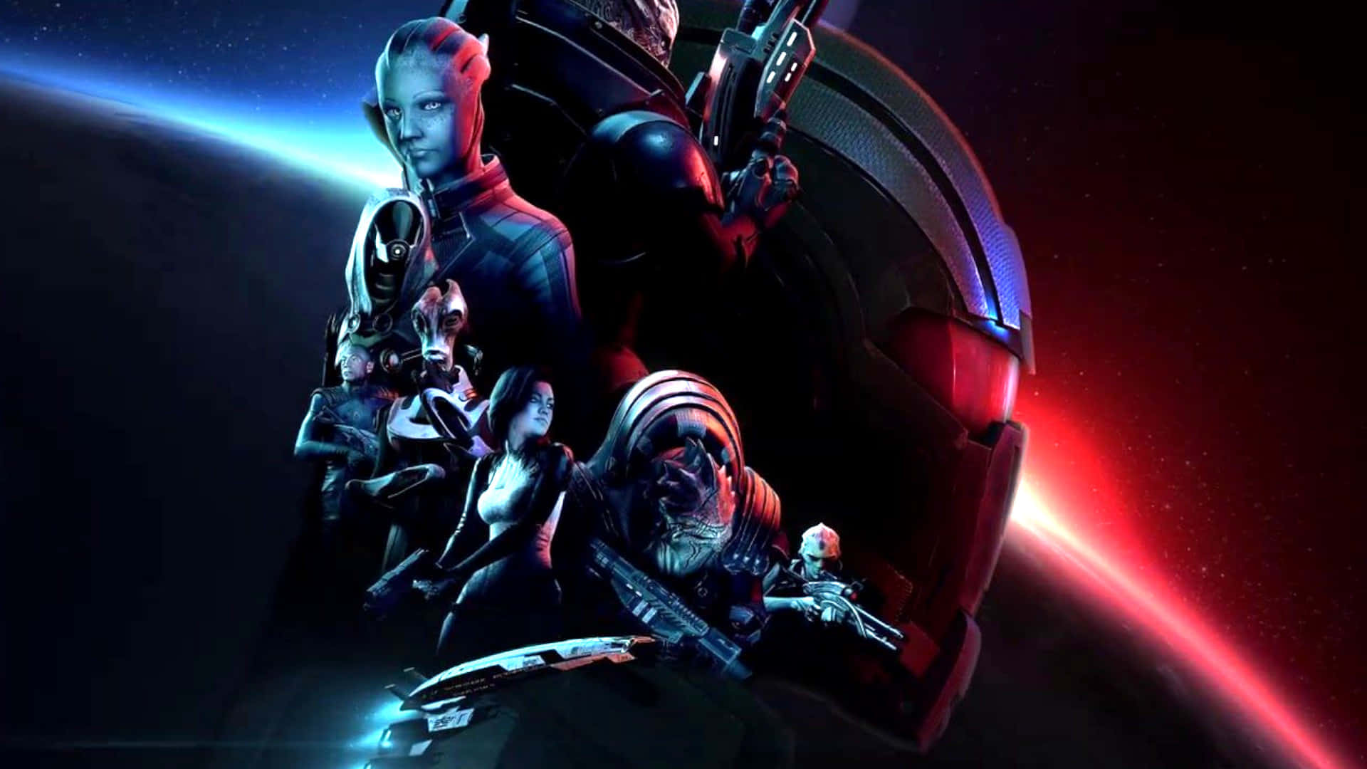 Mass Effect Multiplayer 桌布 壁紙 — 一群身穿未來裝甲的多樣科幻角色，站在一艘發光的太空船前，背景是星光燦爛的宇宙。