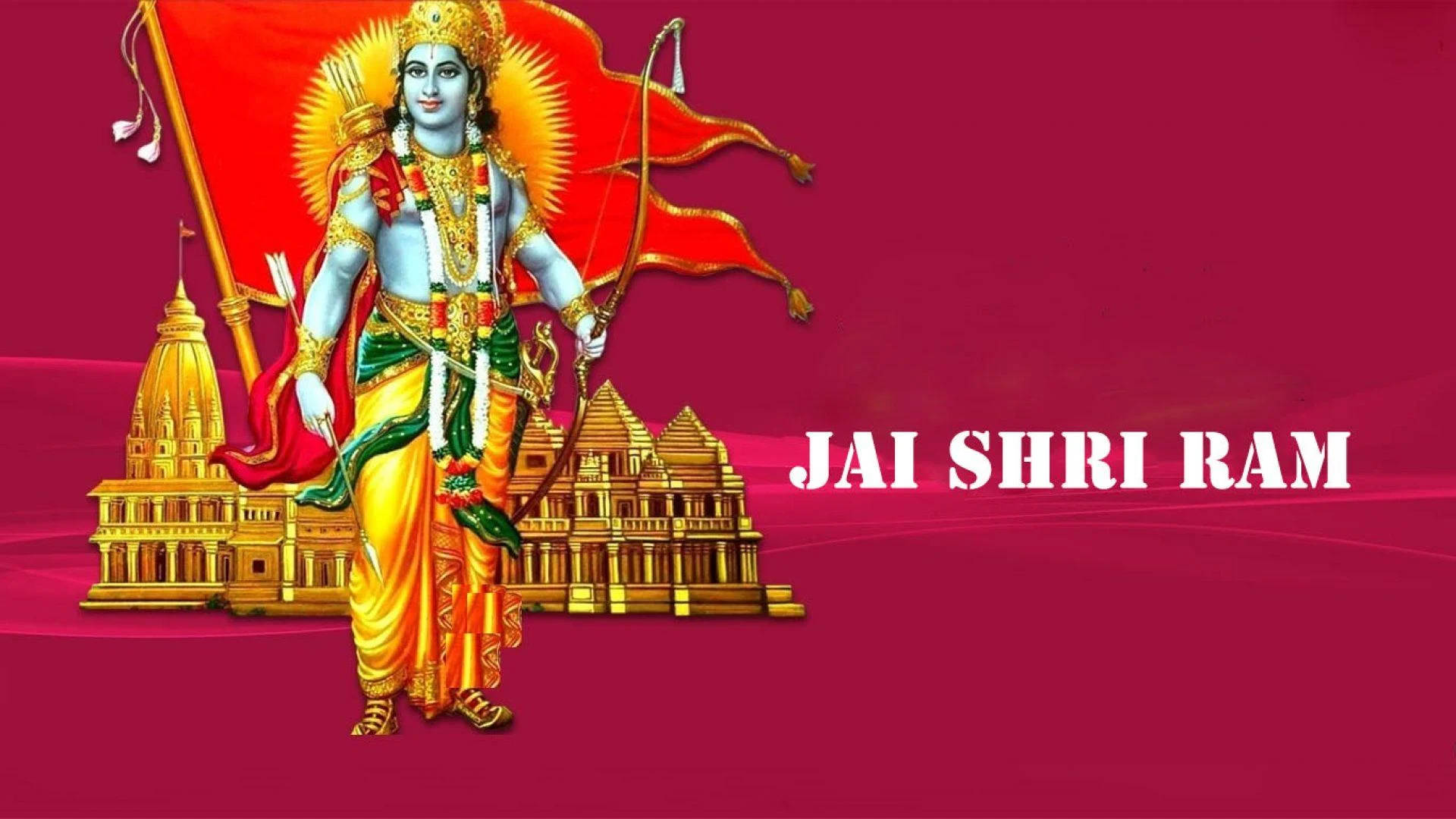 神聖的印度教神祇羅摩手持弓和箭，站在金色寺廟前，帶有「JAI SHRI RAM」文字。