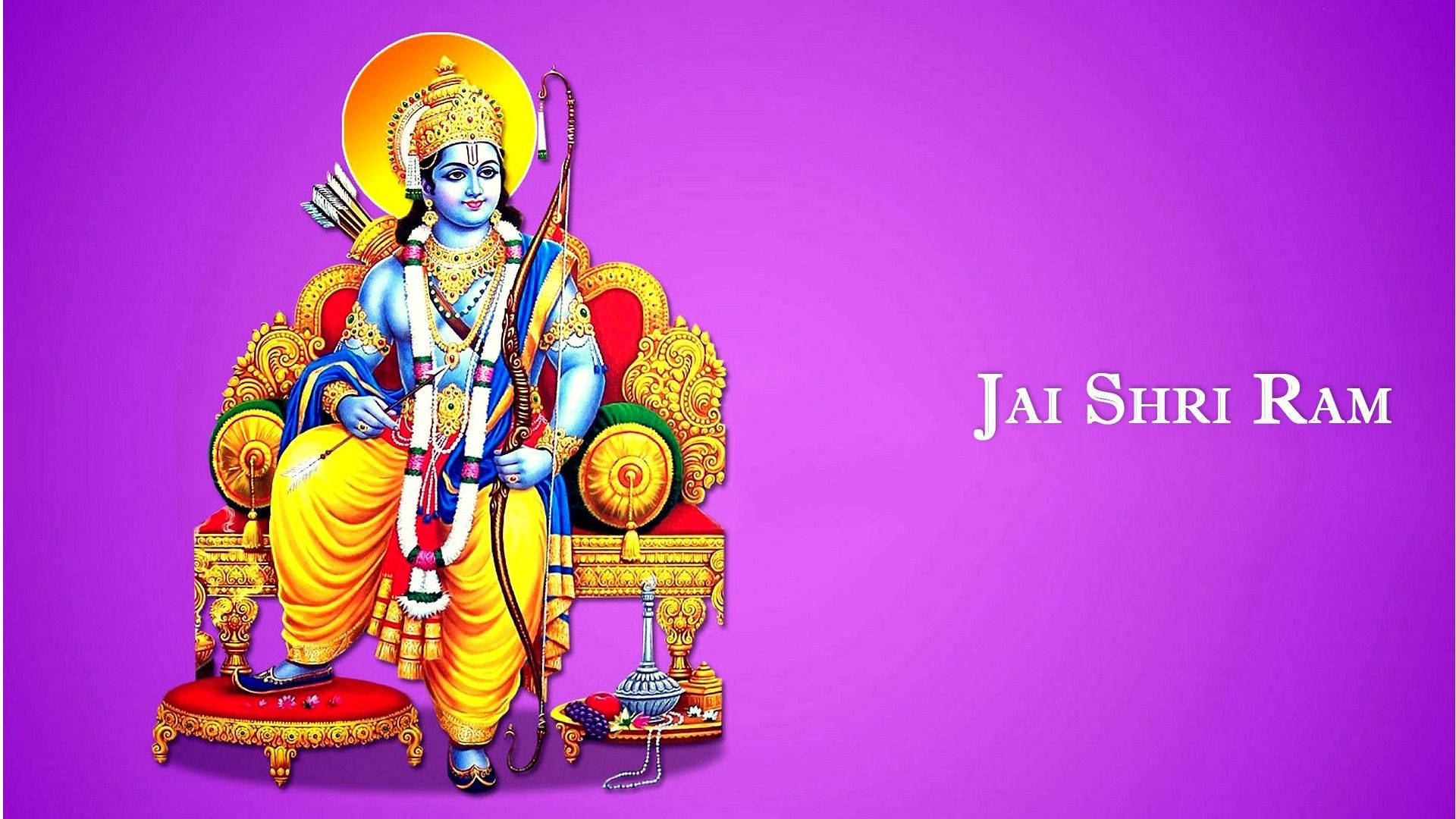 羅摩勛爵坐在金色寶座上，紫色背景上有 'Jai Shri Ram' 文字