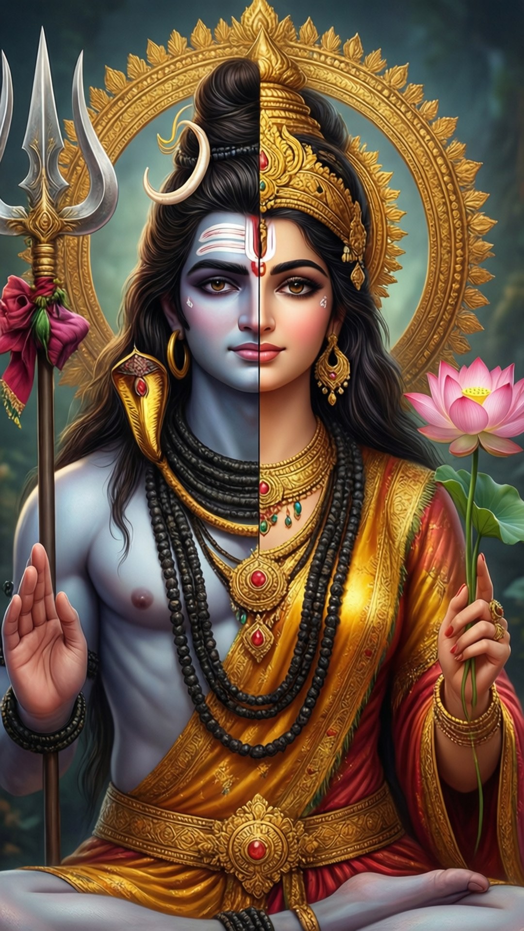 Ardhanarishvara Union 壁紙 — 神聖神祇垂直分割，左側為藍皮膚戰士手持三叉戟，右側為裝飾女神在金色光環下手持粉紅蓮花。