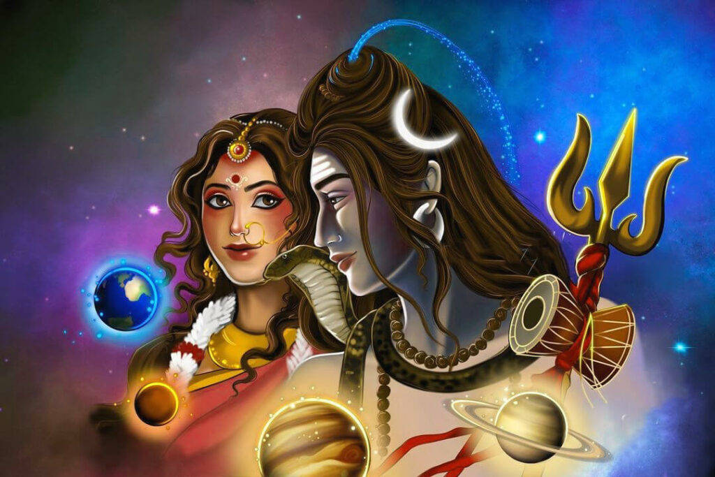 印度教神祇濕婆和帕爾瓦蒂在宇宙環境中，帶有行星和神聖符號。