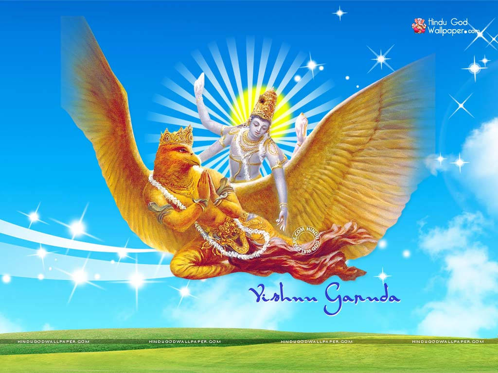 毗濕奴騎著金鷹迦樓羅，在神聖的天空場景中。