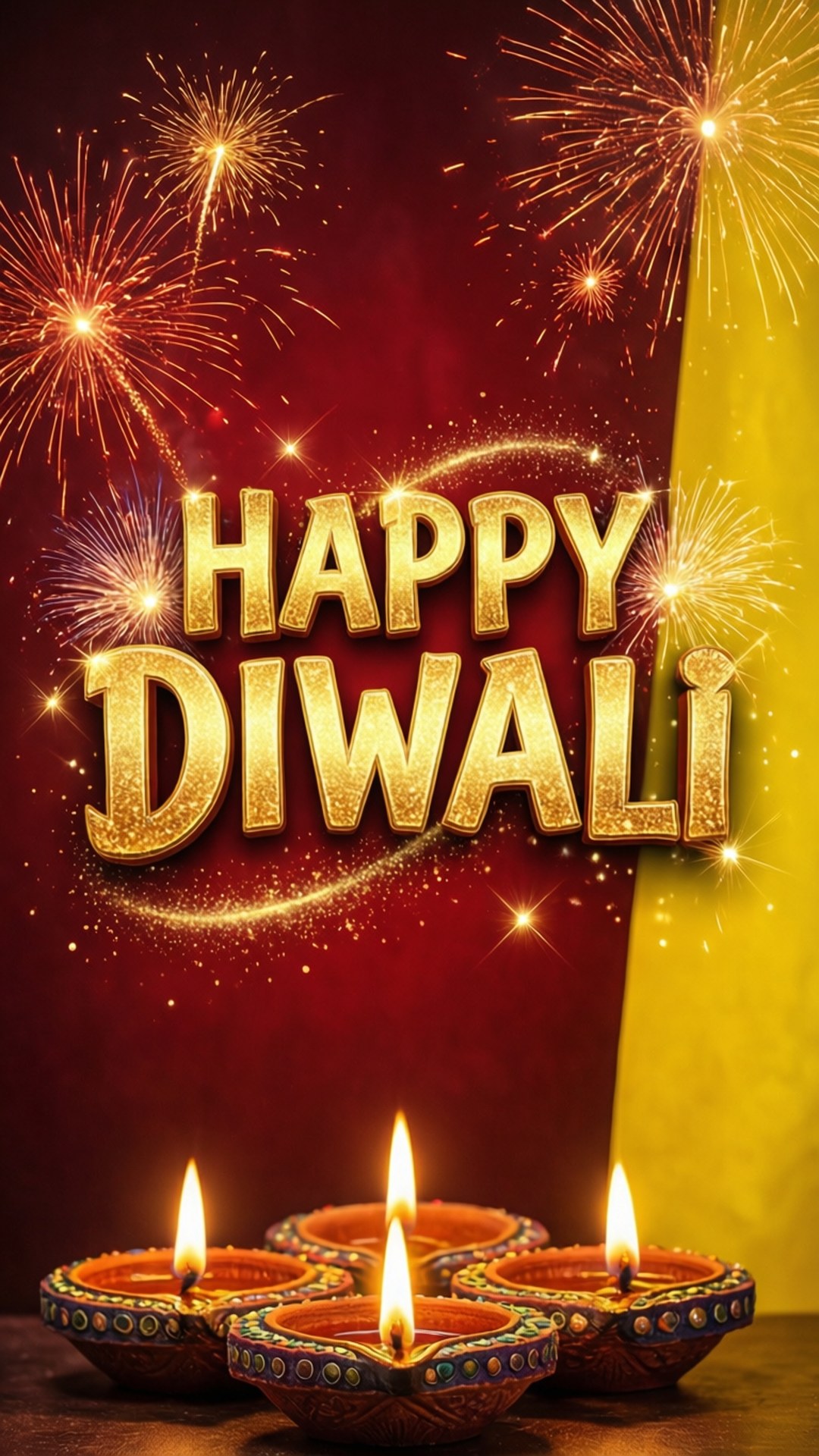 五盞燃點嘅油燈，金色文字寫住Happy Diwali，背景有煙花。