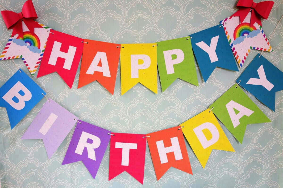 多彩DIY生日橫幅圖片 壁紙 — 一個色彩繽紛的彩虹色「HAPPY BIRTHDAY」橫幅，帶有雲朵和彩虹旗，掛在淺藍色圖案背景上。