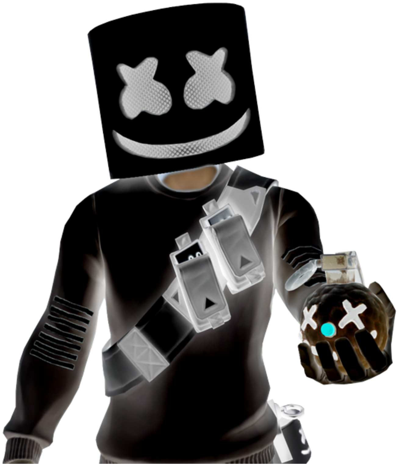 馬希梅洛DJ服裝肖像 壁紙 — 一個Roblox角色戴著黑色棉花糖頭盔，有發光的白色X眼睛和微笑，手持一個藍色引信的手榴彈。