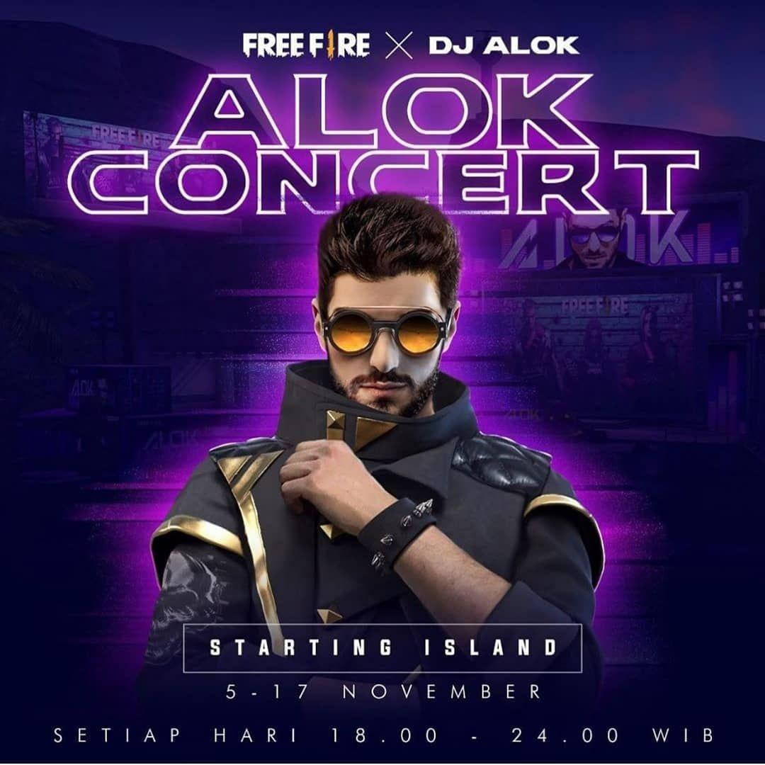 DJ Alok 在 Free Fire 演唱會宣傳中身穿黑色金色服裝，戴著橙色太陽眼鏡。
