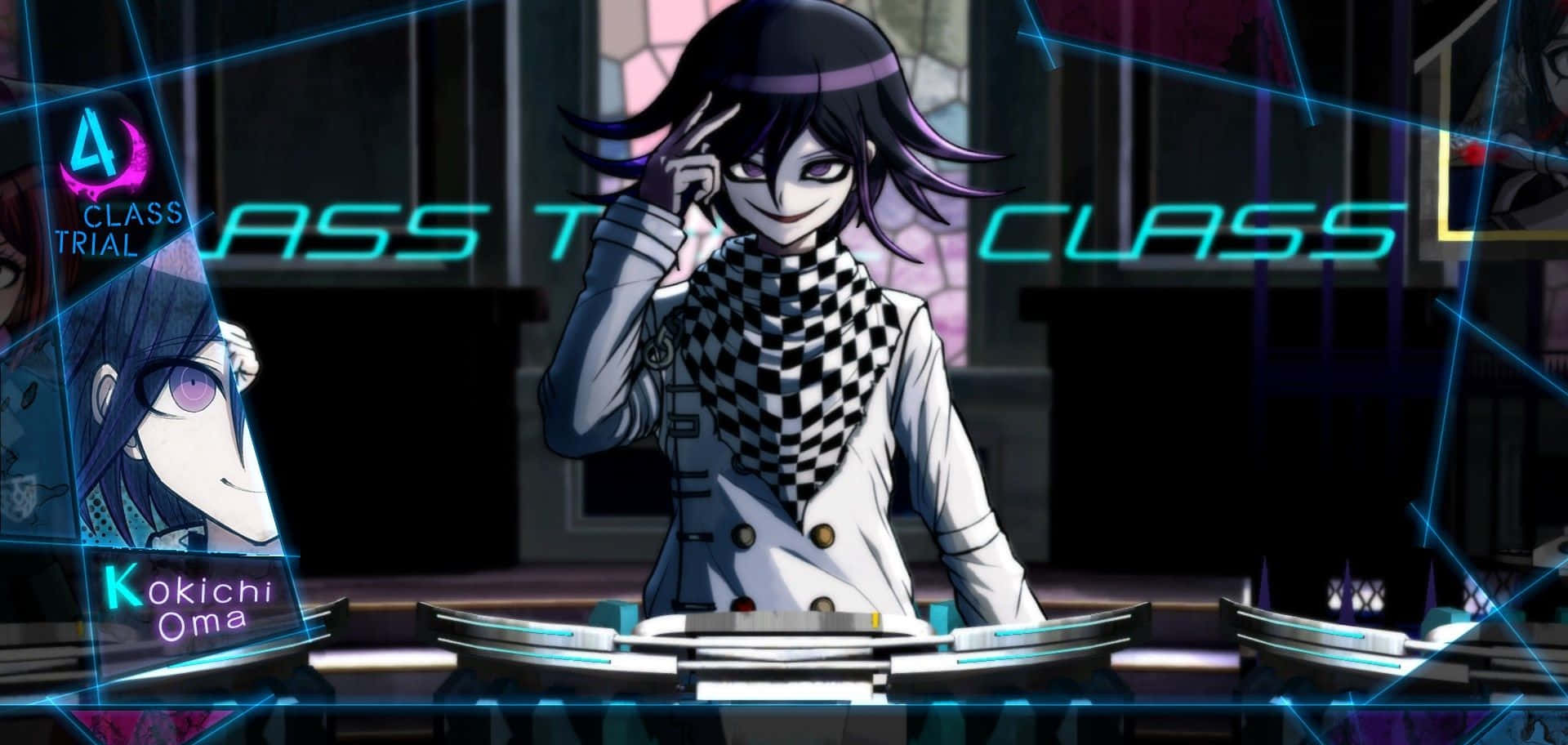 DJ 神座出流 Danganronpa V3 壁紙 — 動漫角色小吉王（Kokichi Oma）戴著格子圍巾，站在一個帶有發光藍線和全息顯示器的未來主義法庭中。