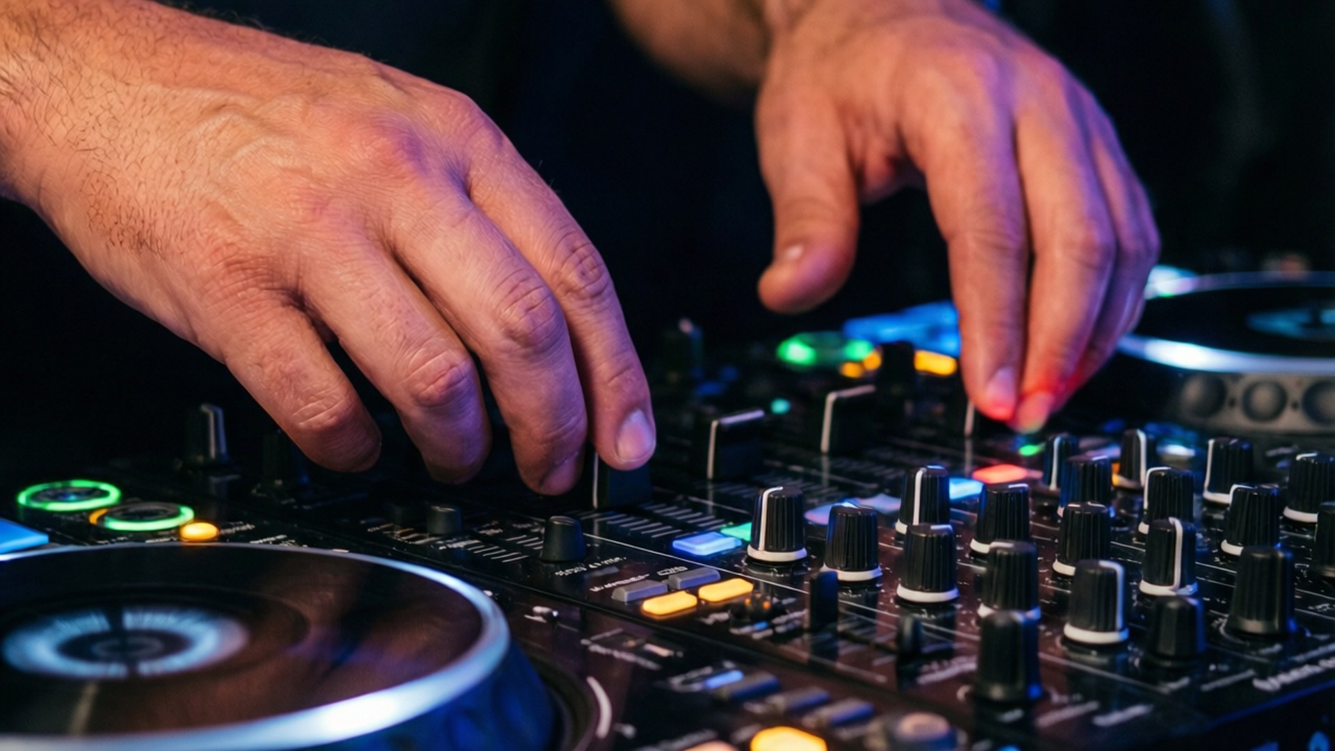 DJ雙手操作帶有發光按鈕和旋鈕的混音控制台。