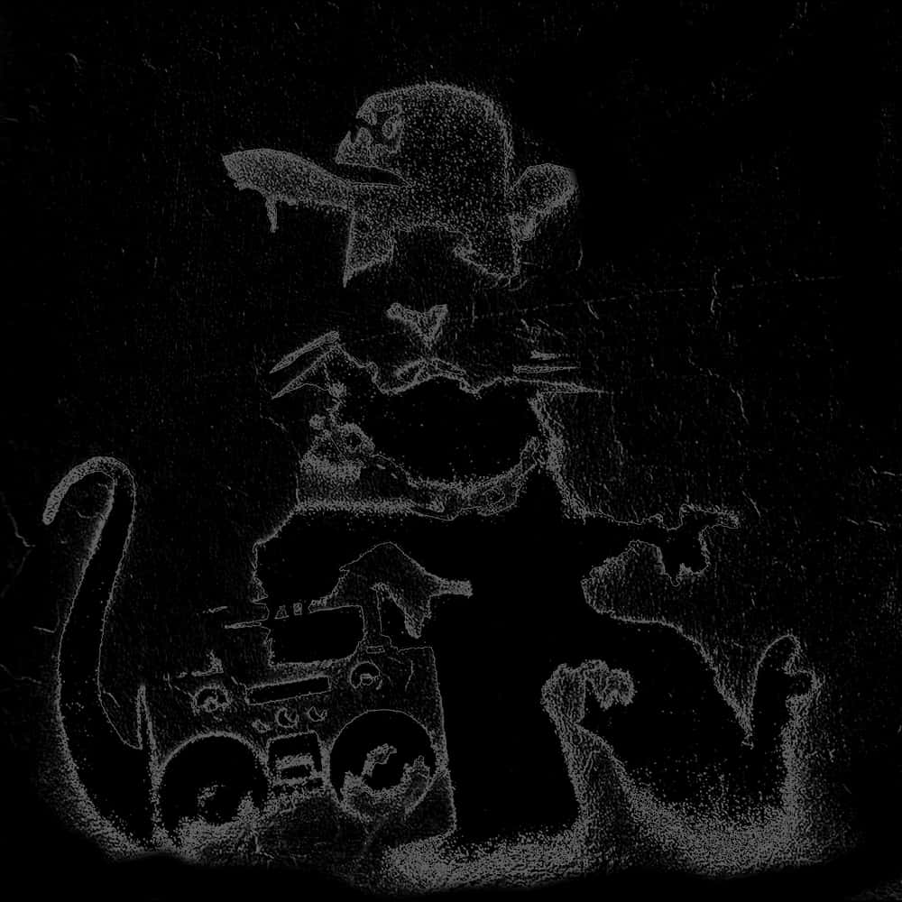 暗黑塗鴉藝術：鴨子DJ 壁紙 — 喺深色紋理表面上，一個帶住手提音響嘅卡通角色被動物包圍嘅粗糙粉筆畫。