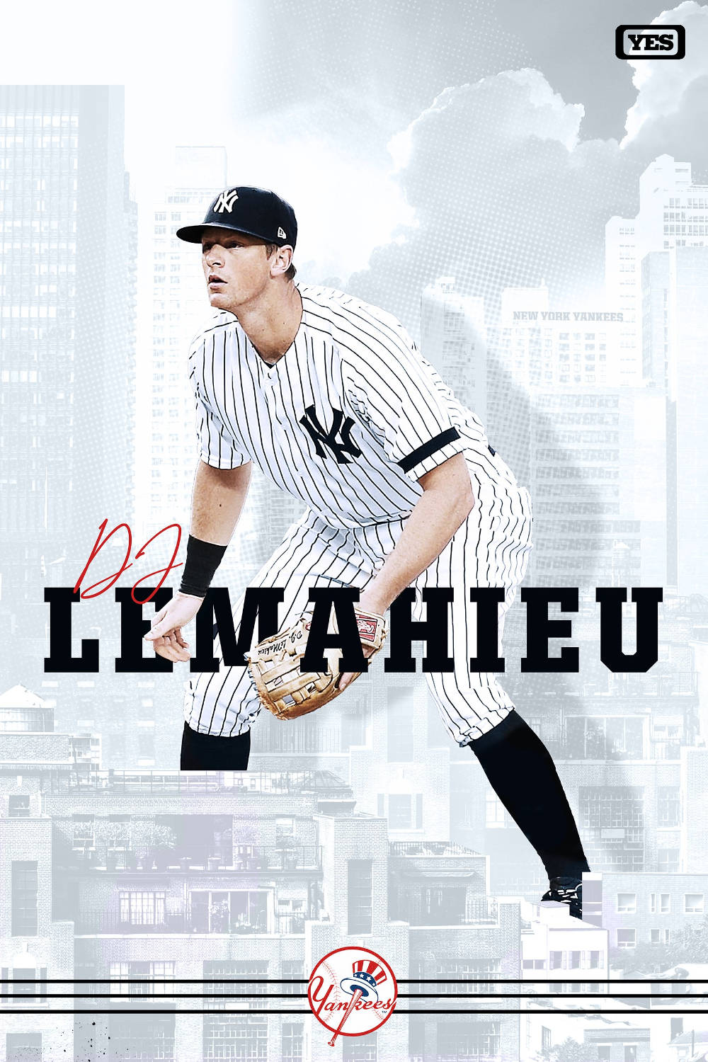 DJ LeMahieu 白色建築藝術 壁紙 — 身穿洋基隊球衣的棒球選手DJ LeMahieu，在模糊的紐約市天際線背景下動態蹲伏。