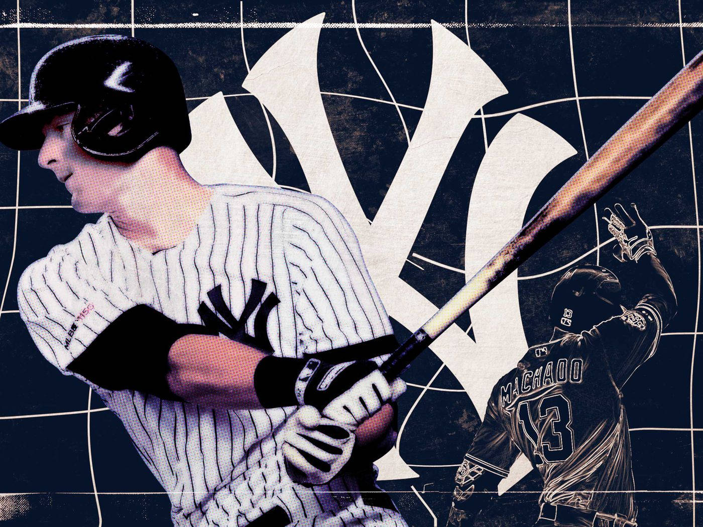 DJ LeMahieu 紐約藝術 壁紙 — 一名身穿細條紋球衣的棒球運動員在深色網格背景上揮棒，背景有一個大型洋基隊標誌。
