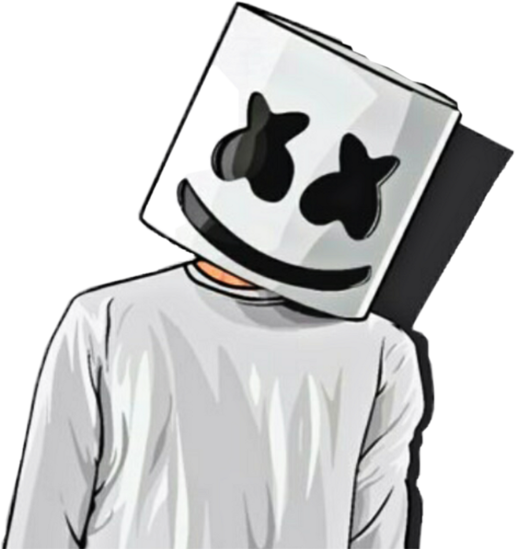 DJ Marshmello卡通形象 壁紙 — 一個卡通風格的人物戴著白色方形頭盔，黑色星形眼睛，咧嘴大笑，背景為黑色。