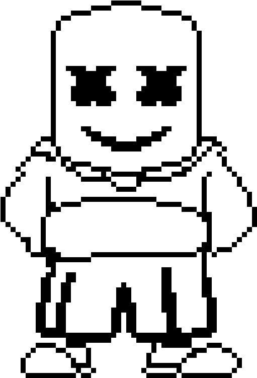 像素化DJ Marshmello 壁紙 — 一個像素化的白色角色，咧嘴大笑，眼睛交叉，站在黑色背景前。