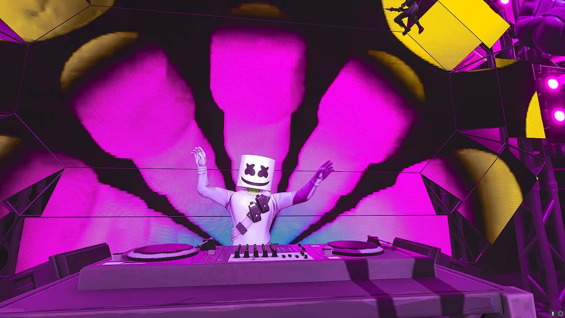 Marshmello 桌布 壁紙 — DJ Marshmello 在音樂會上充滿活力地表演，舞台燈光呈現鮮豔的紫色和黃色，並帶有幾何圖案。