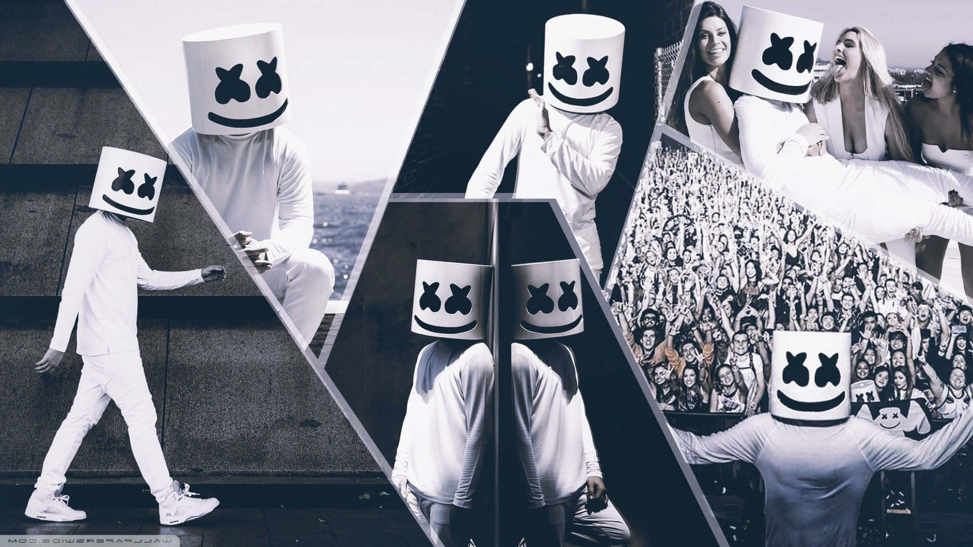 Marshmello 桌布 壁紙 — DJ Marshmello 戴上其標誌性白色頭盔，在音樂會和城市環境中與粉絲合影的拼貼畫。