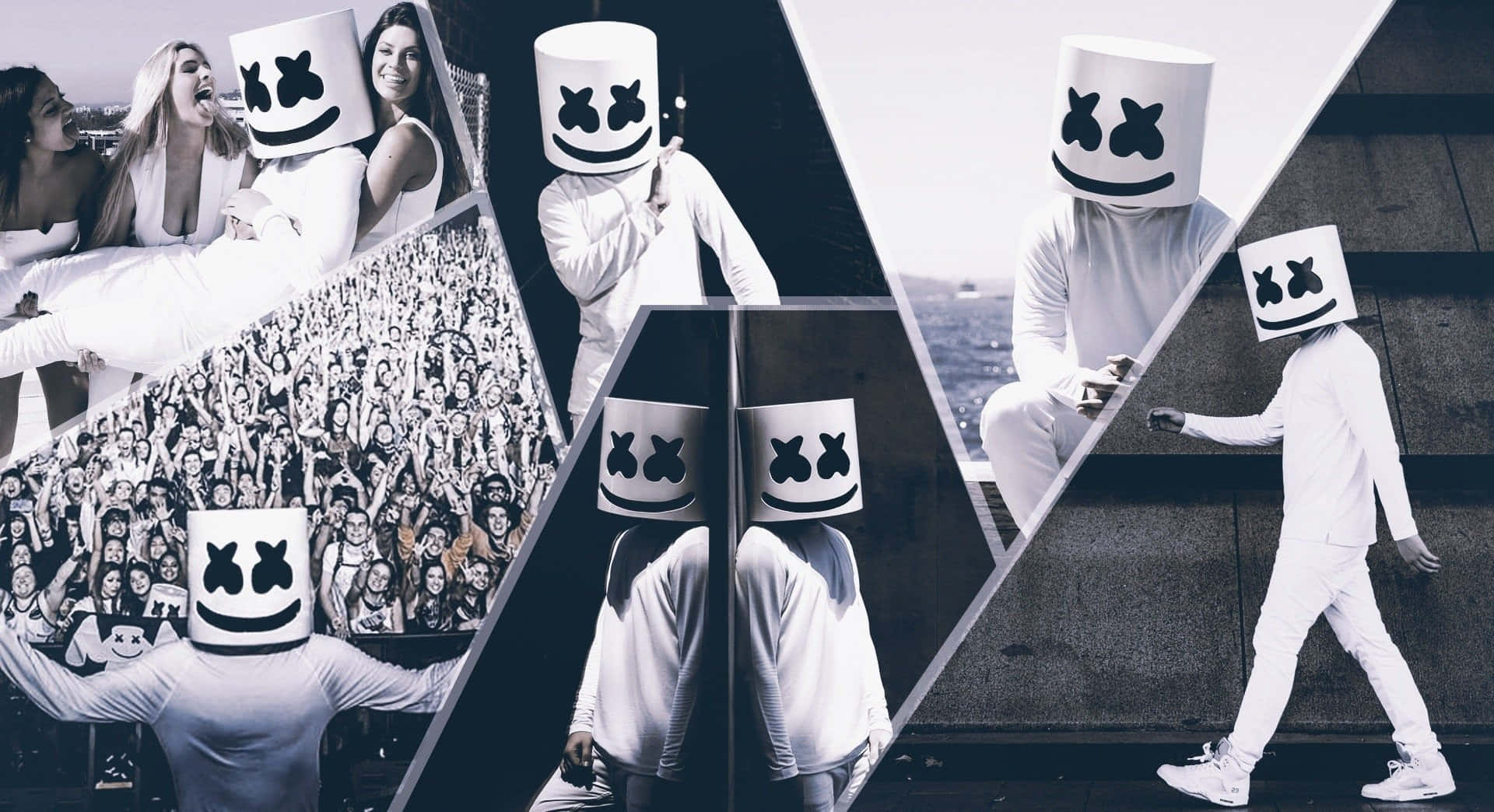 Marshmello 桌布 壁紙 — DJ Marshmello 戴上標誌性白色頭盔，被粉絲和表演場景包圍的拼貼畫。
