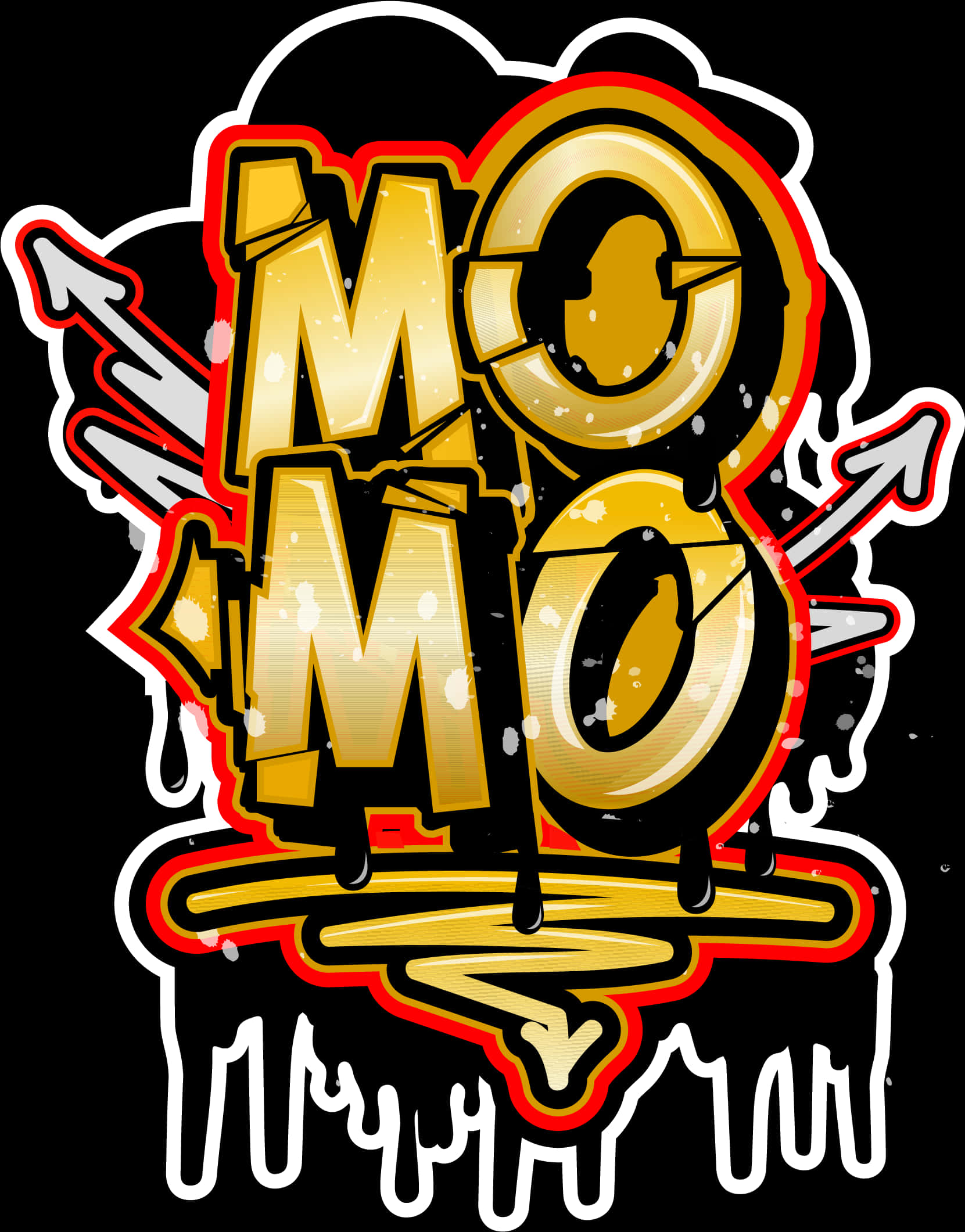 塗鴉風格 DJ MOMO 標誌 壁紙 — 大膽的金色塗鴉風格字母拼出 MOMO，帶有紅色輪廓和滴落油漆效果，背景為黑色。