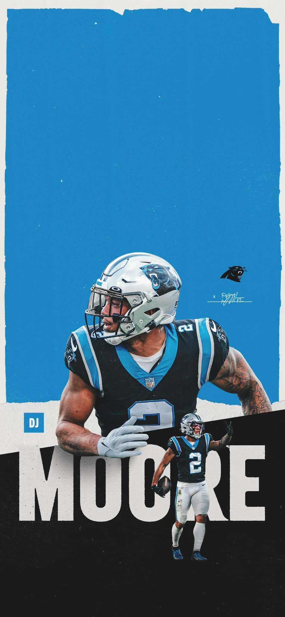 美國足球運動員DJ Moore卡羅萊納黑豹隊 壁紙 — 卡羅萊納黑豹隊NFL球員DJ Moore的動態數位藝術肖像，背景為大膽的藍色和黑色。